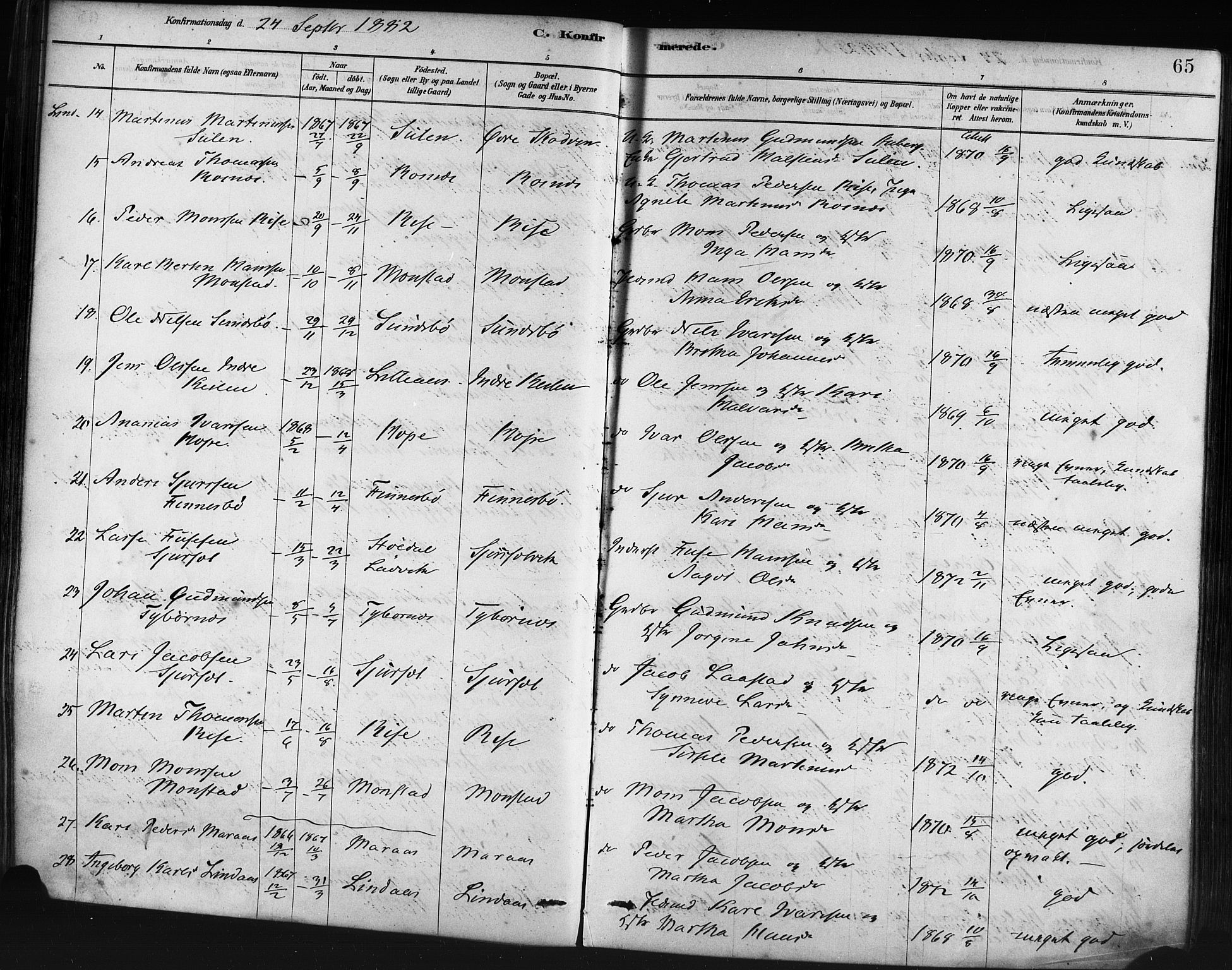 Lindås Sokneprestembete, SAB/A-76701/H/Haa: Parish register (official) no. A 19, 1878-1912, p. 65
