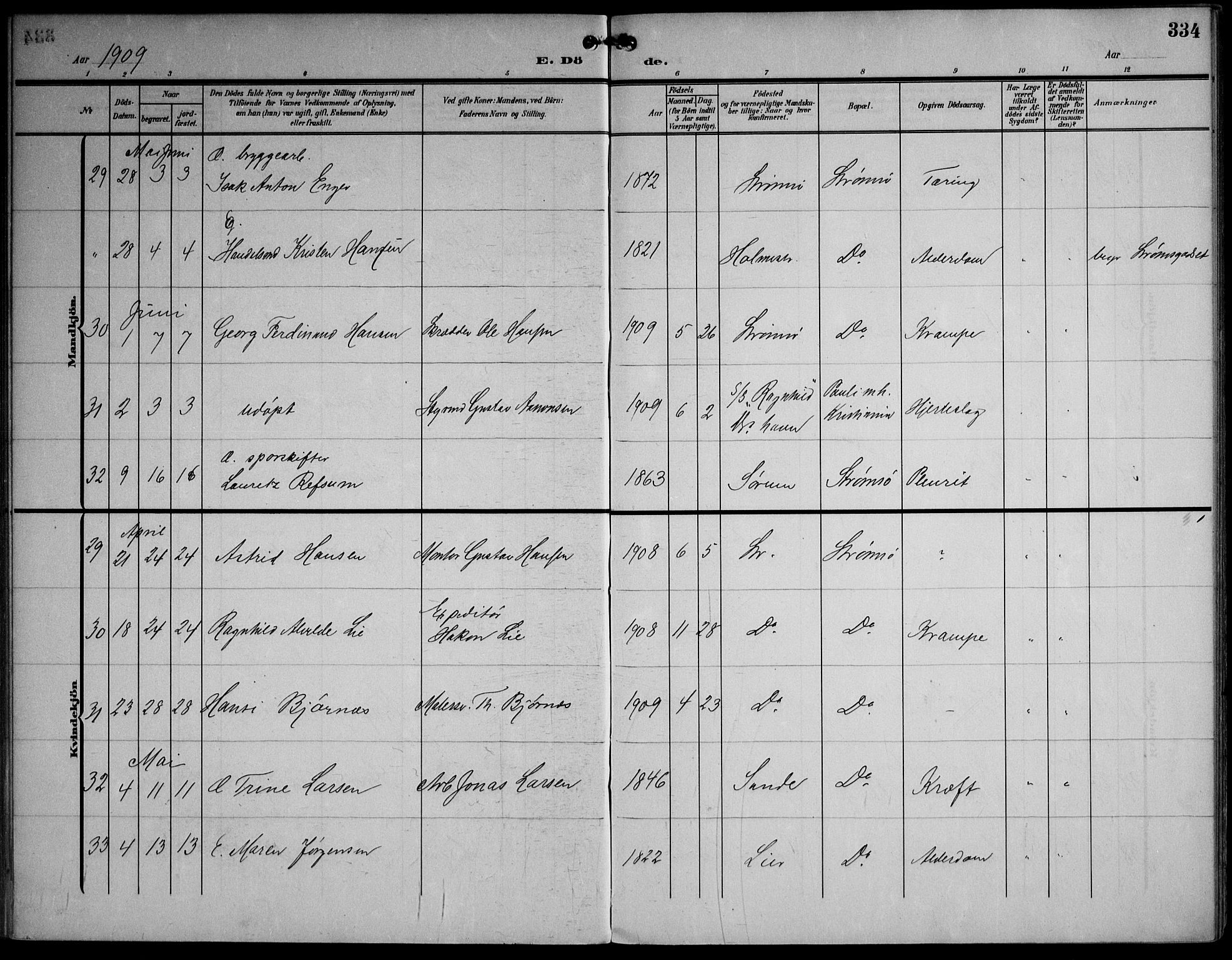 Strømsø kirkebøker, AV/SAKO-A-246/F/Fa/L0026: Parish register (official) no. I 26, 1905-1914, p. 334