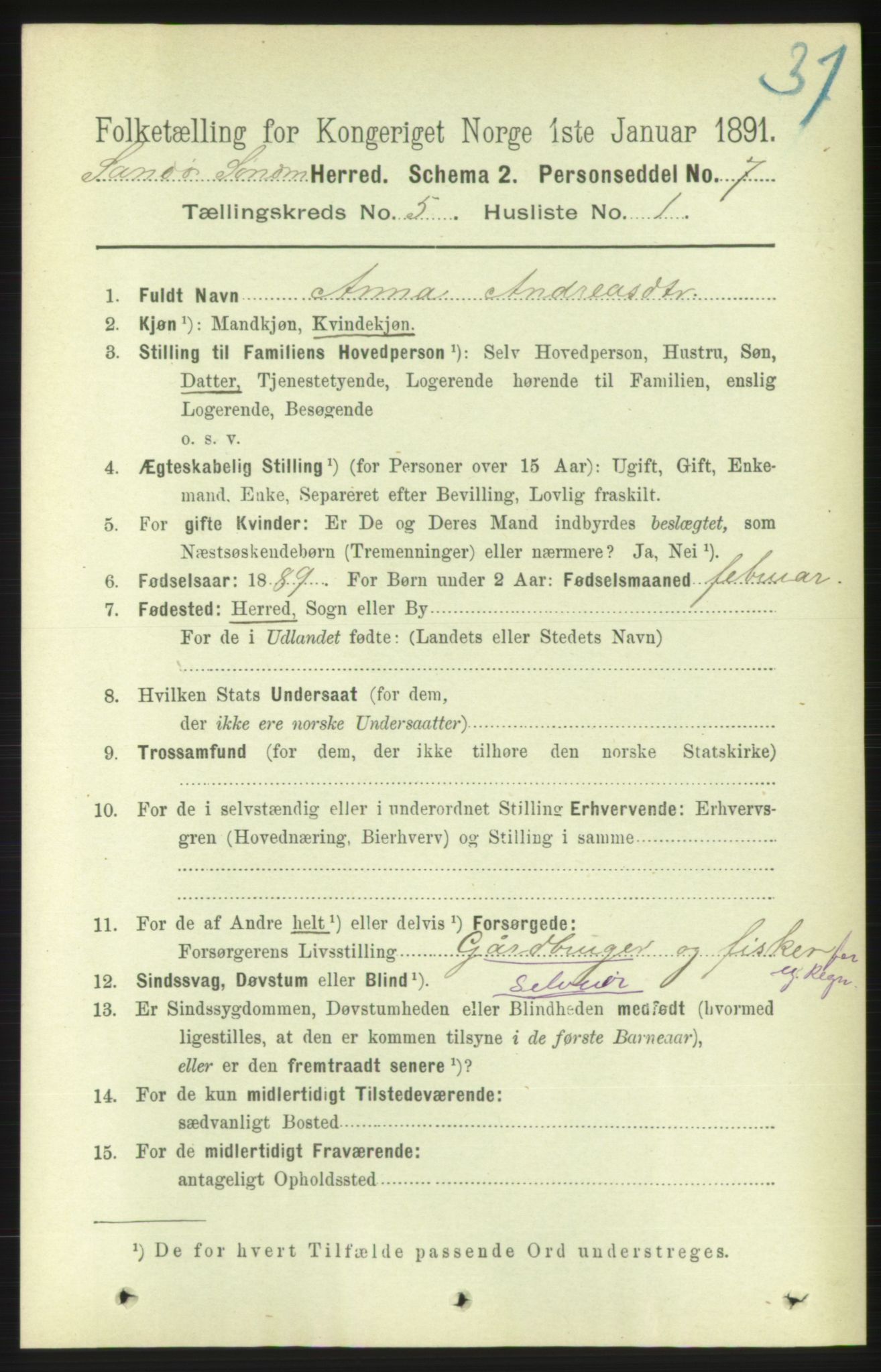 RA, 1891 census for 1514 Sande, 1891, p. 712