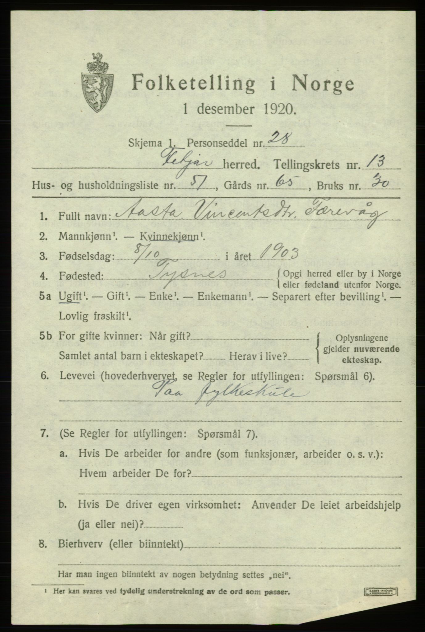 SAB, 1920 census for Fitjar, 1920, p. 5708