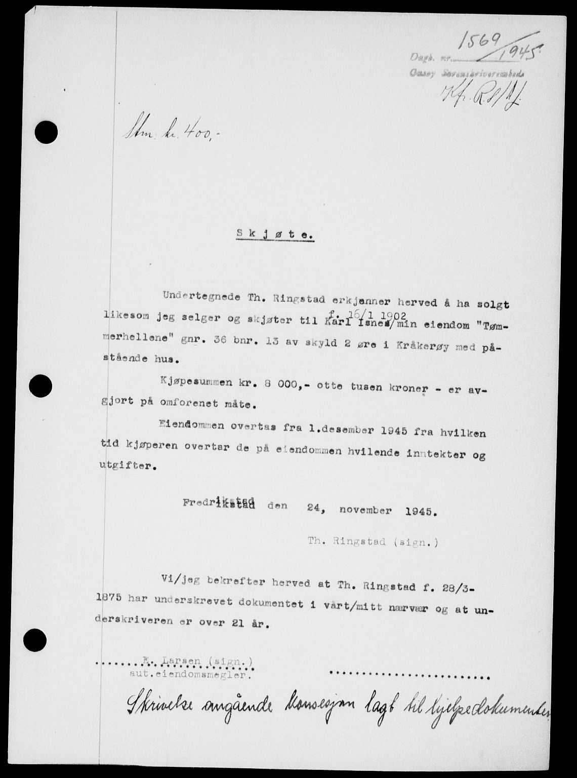 Onsøy sorenskriveri, SAO/A-10474/G/Ga/Gab/L0015: Mortgage book no. II A-15, 1945-1946, Diary no: : 1569/1945
