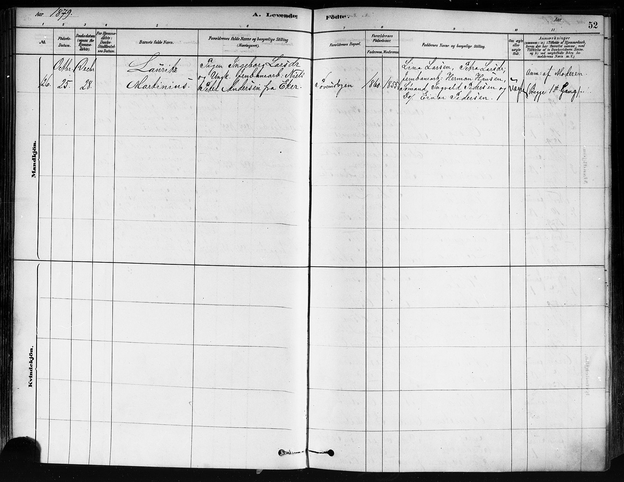 Strømsø kirkebøker, SAKO/A-246/F/Fa/L0021: Parish register (official) no. I 21, 1878-1885, p. 52