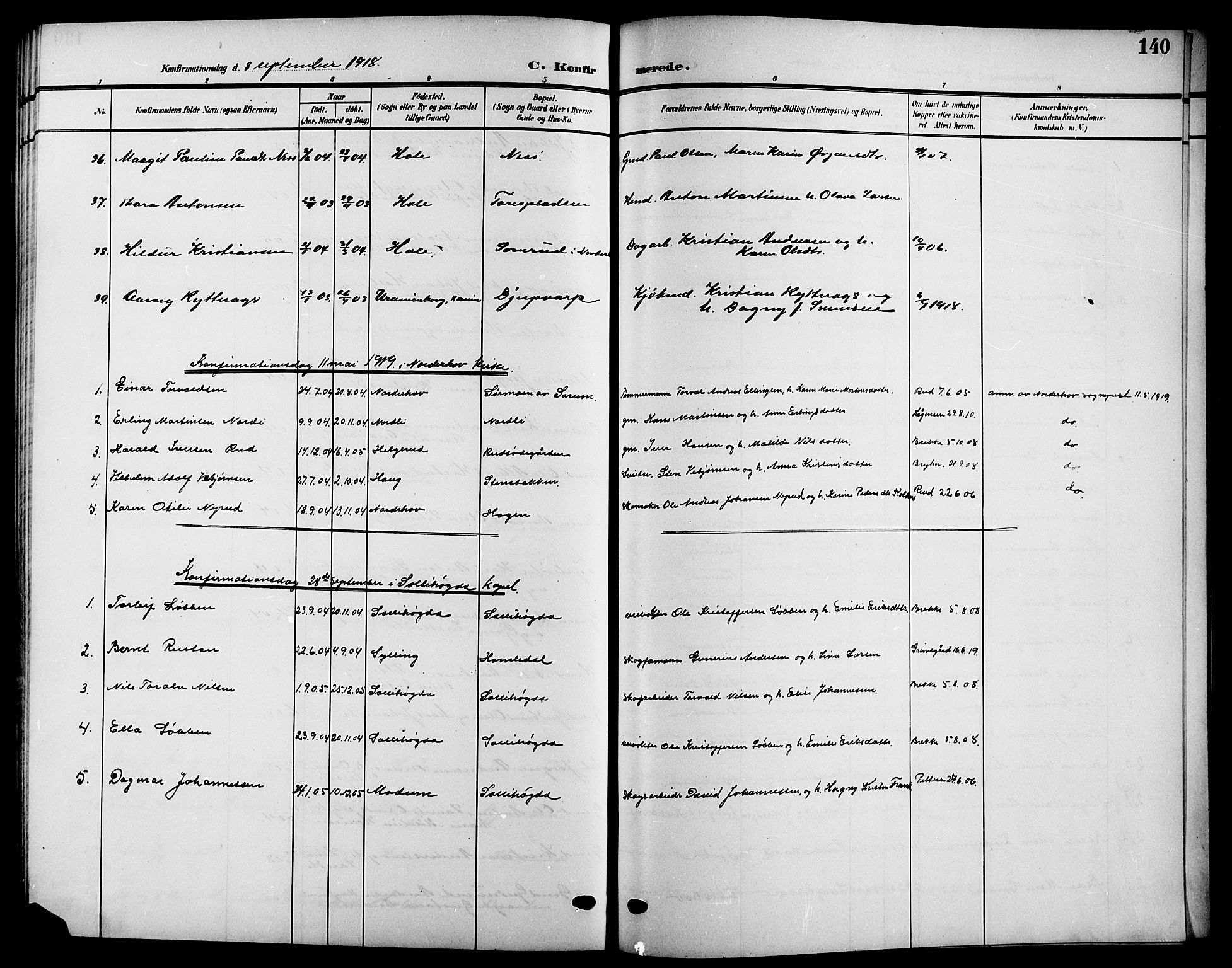 Hole kirkebøker, SAKO/A-228/G/Ga/L0004: Parish register (copy) no. I 4, 1905-1924, p. 140