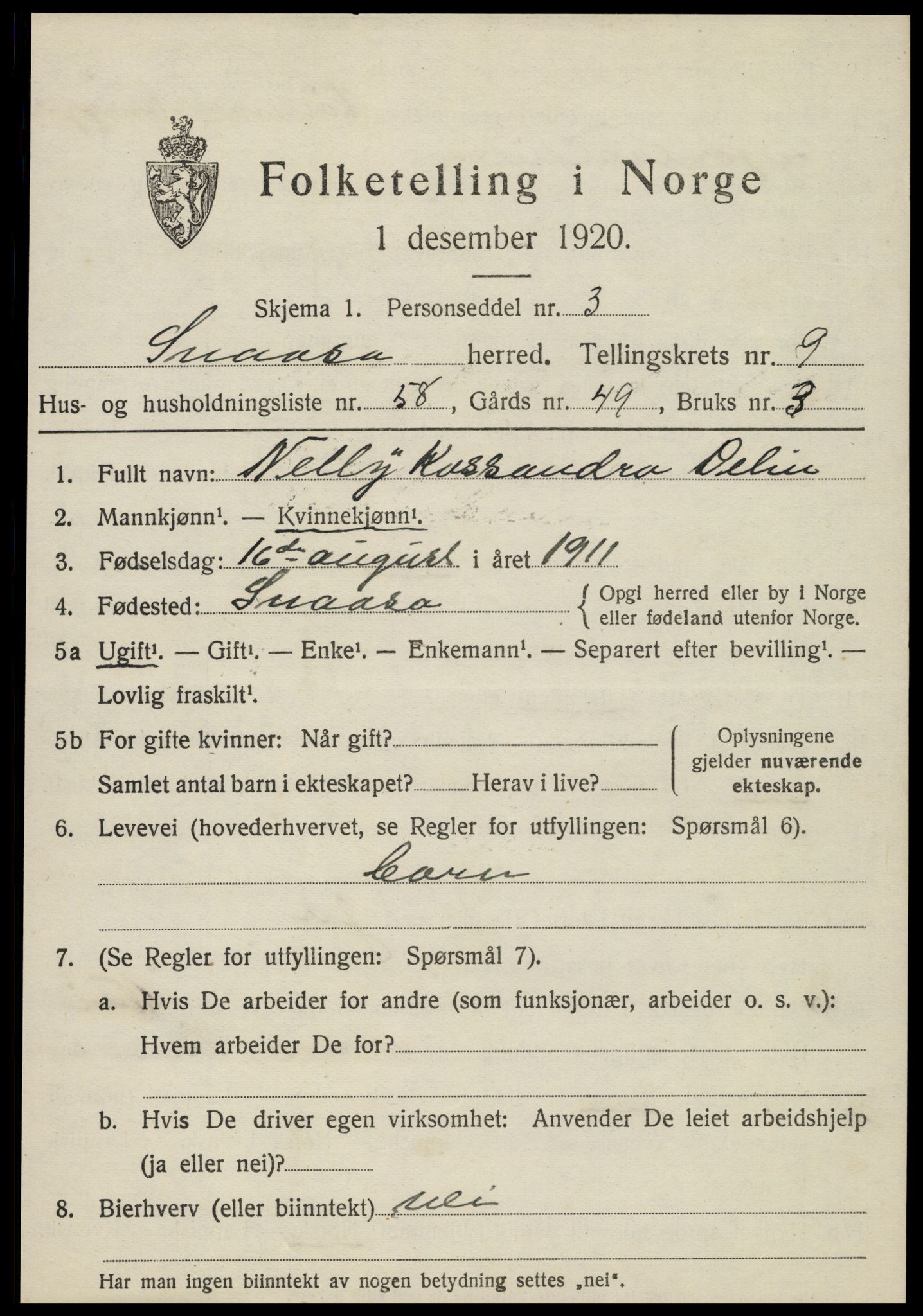 SAT, 1920 census for Snåsa, 1920, p. 4324