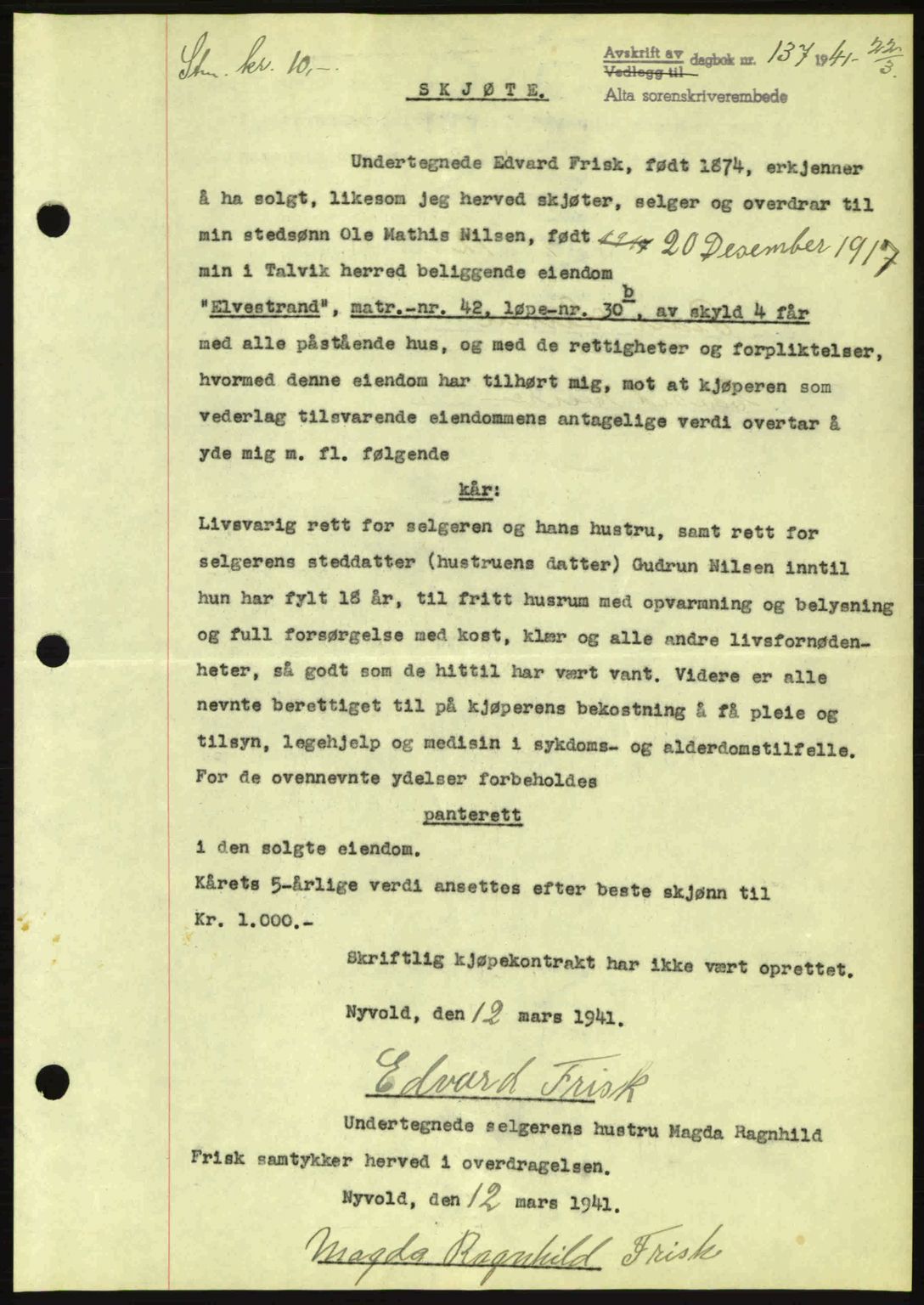 Alta fogderi/sorenskriveri, SATØ/SATØ-5/1/K/Kd/L0033pantebok: Mortgage book no. 33, 1940-1943, Diary no: : 137/1941