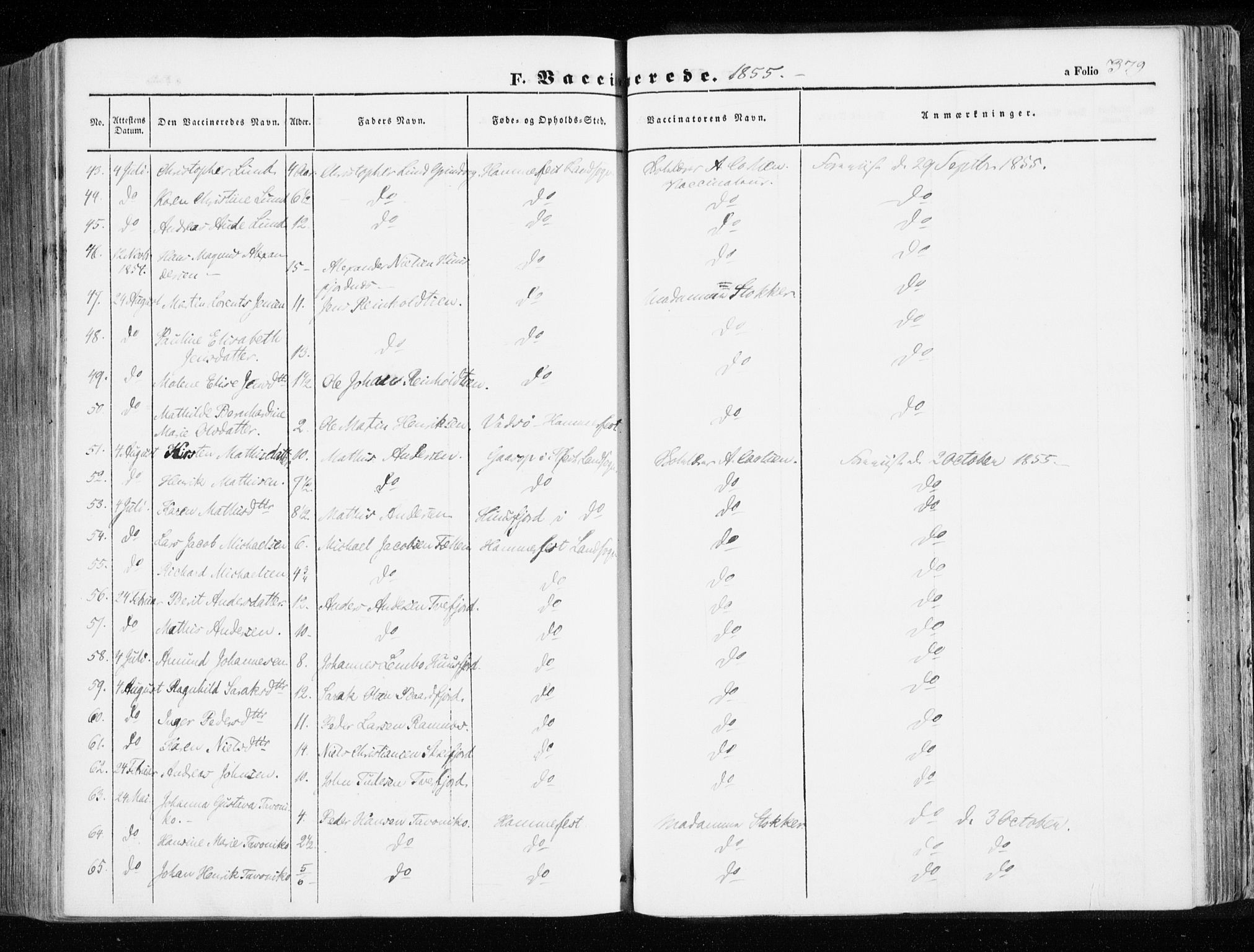 Hammerfest sokneprestkontor, AV/SATØ-S-1347/H/Ha/L0004.kirke: Parish register (official) no. 4, 1843-1856, p. 379