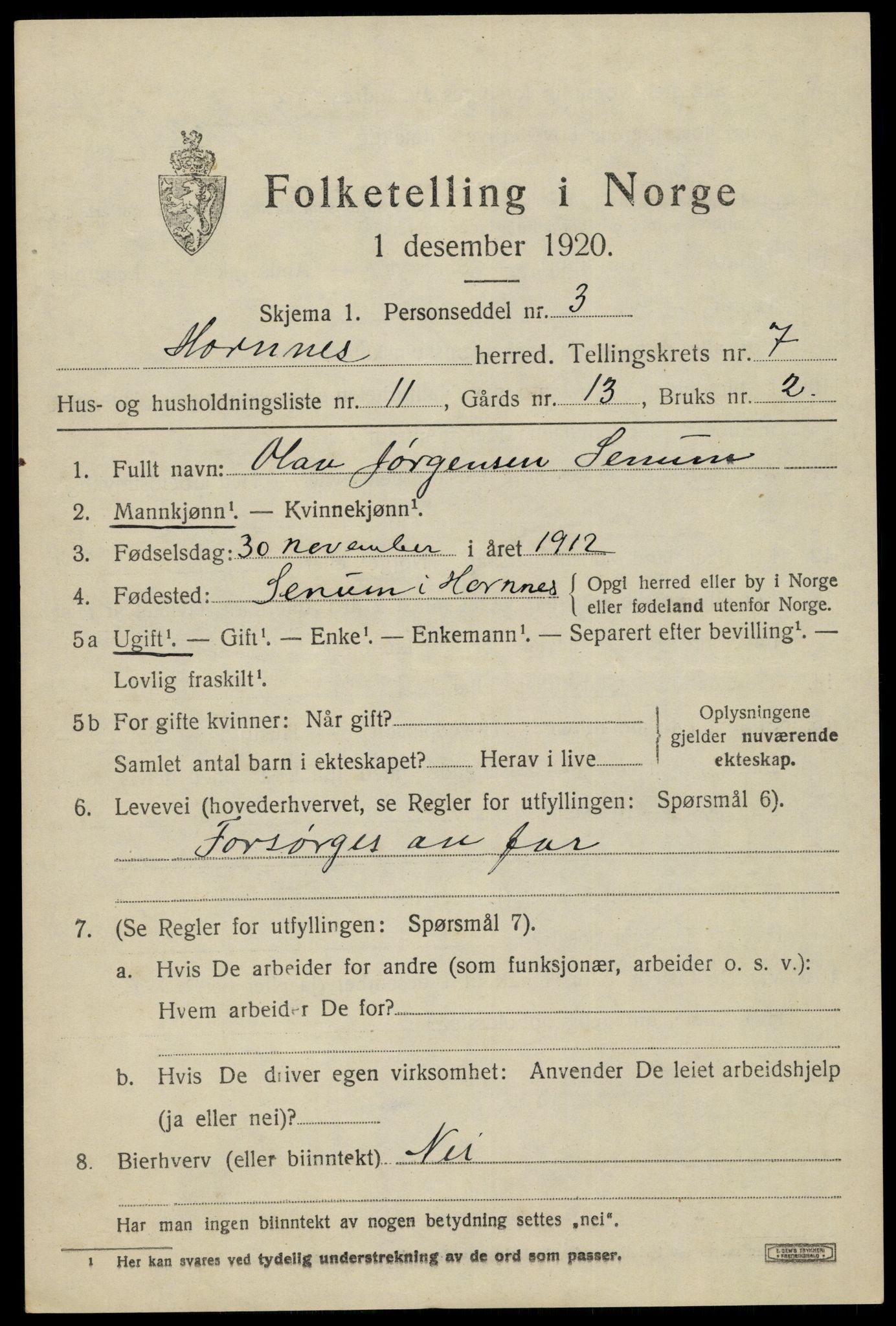 SAK, 1920 census for Hornnes, 1920, p. 1769