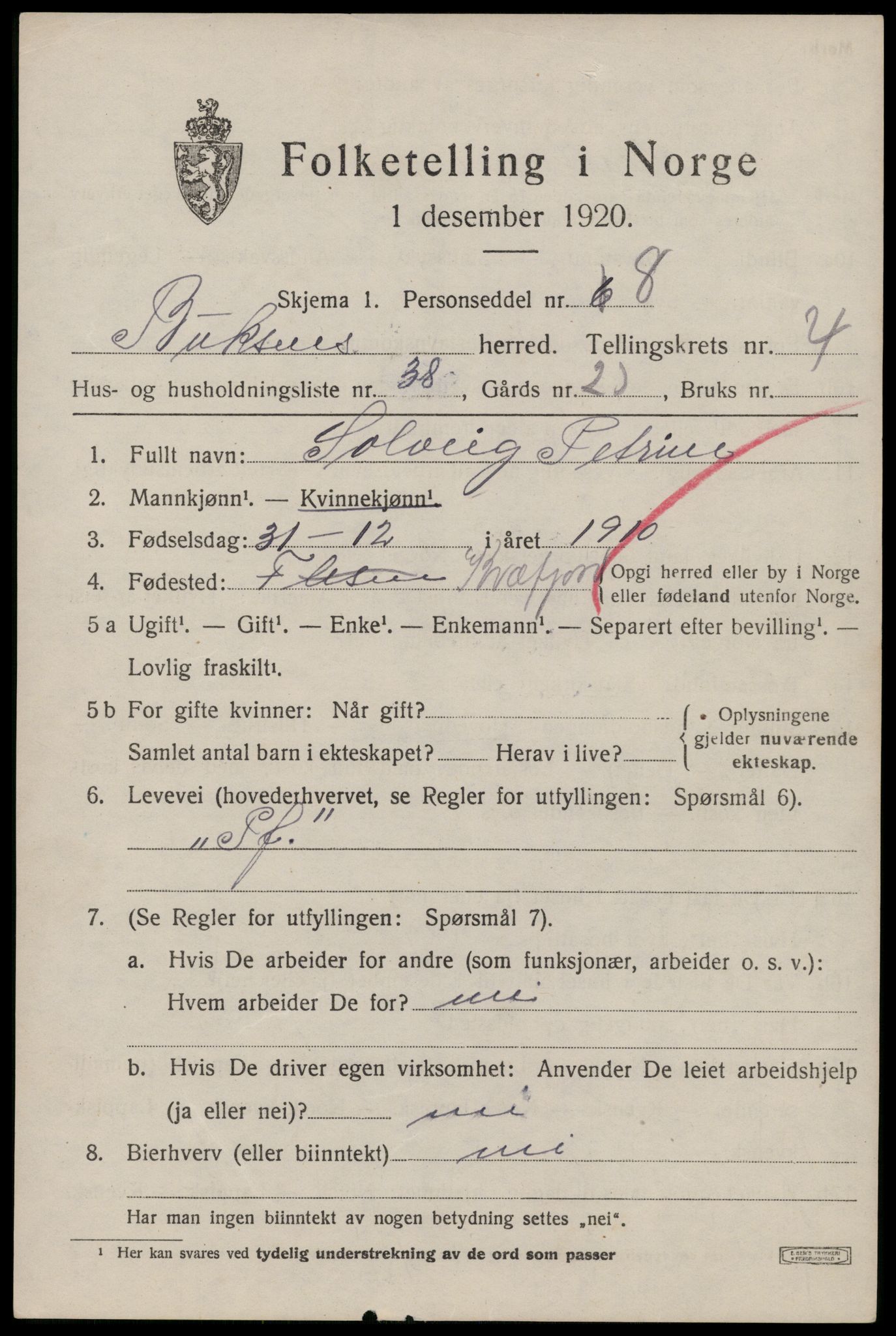 SAT, 1920 census for Buksnes, 1920, p. 5075