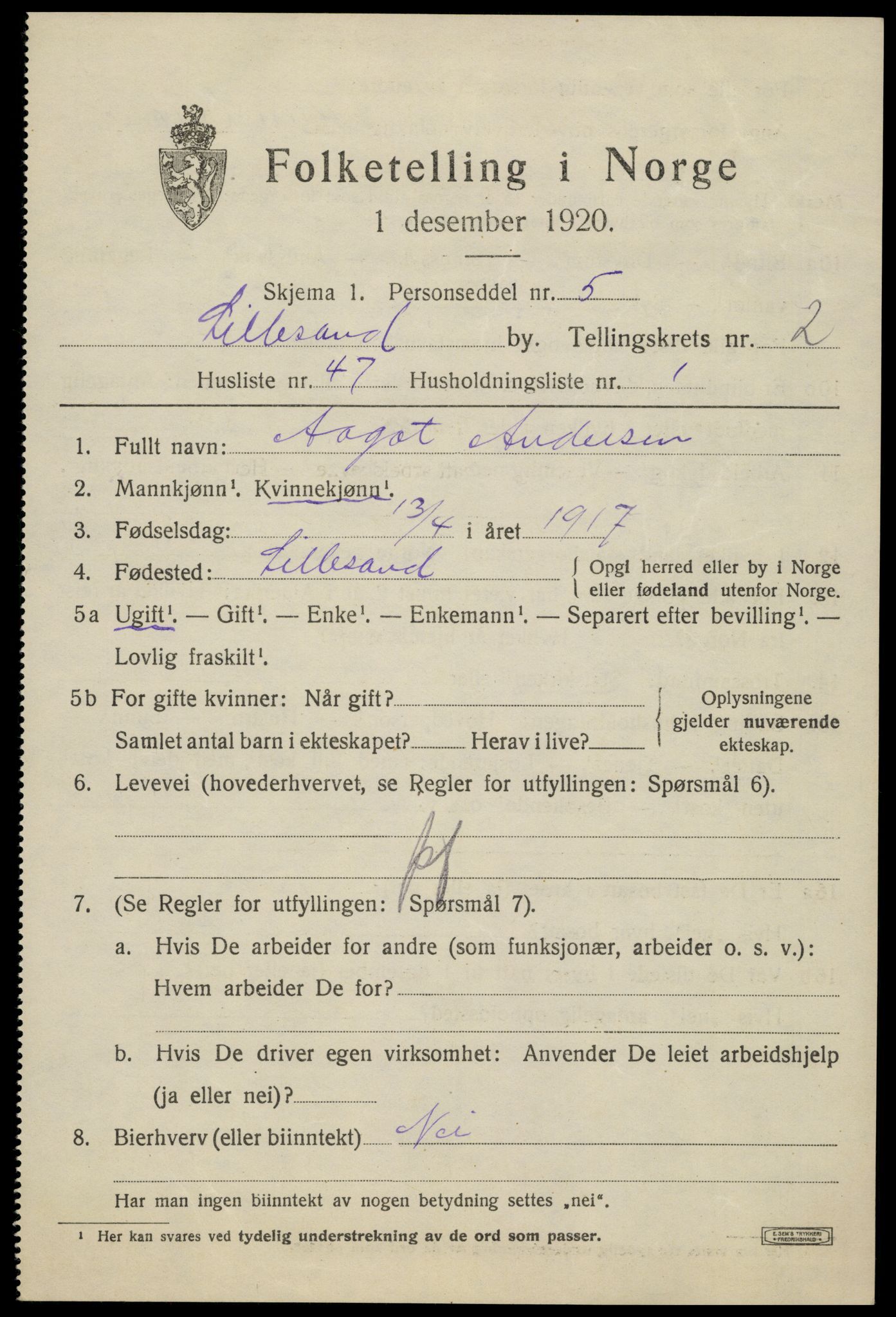 SAK, 1920 census for Lillesand, 1920, p. 2901