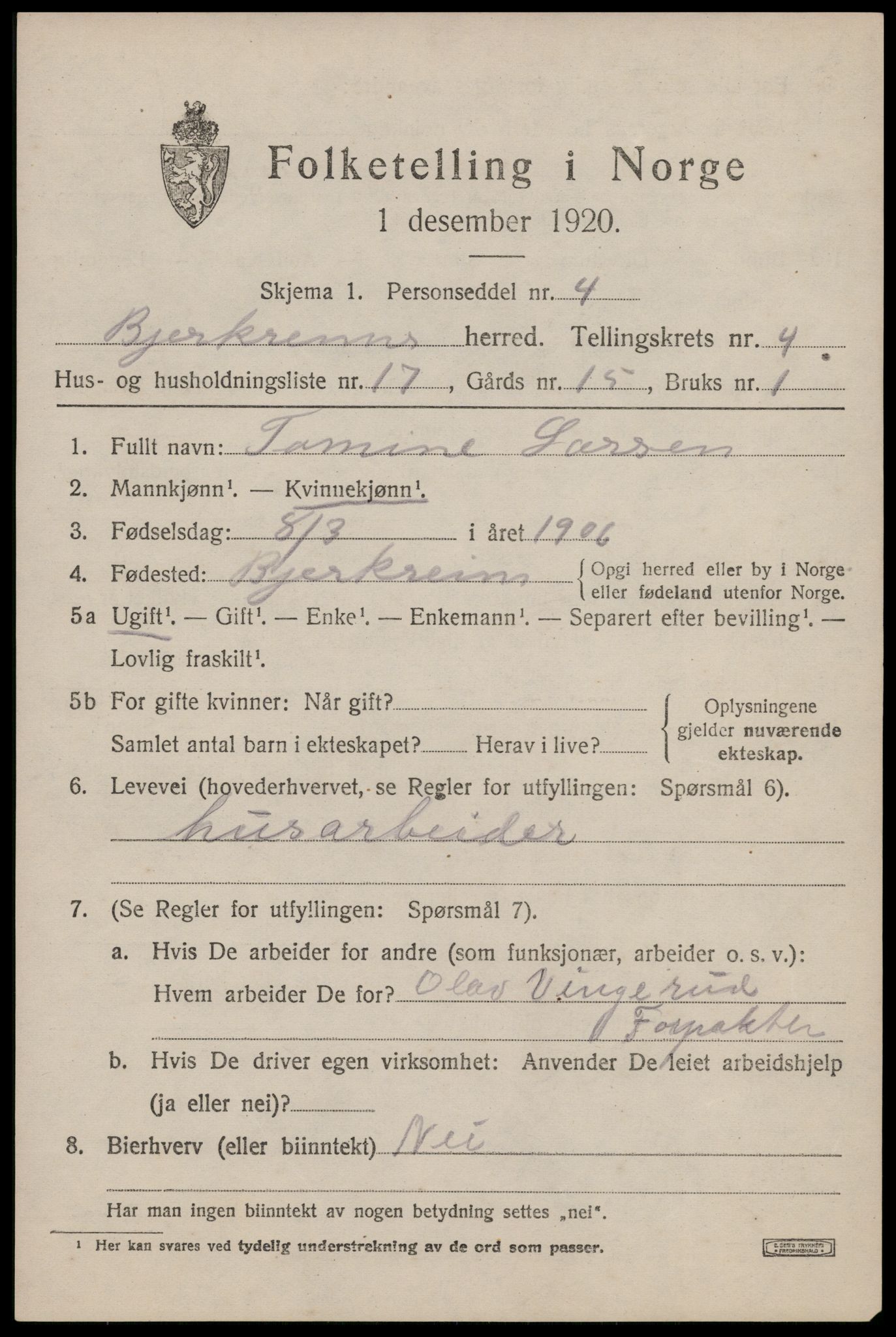 SAST, 1920 census for Bjerkreim, 1920, p. 1976