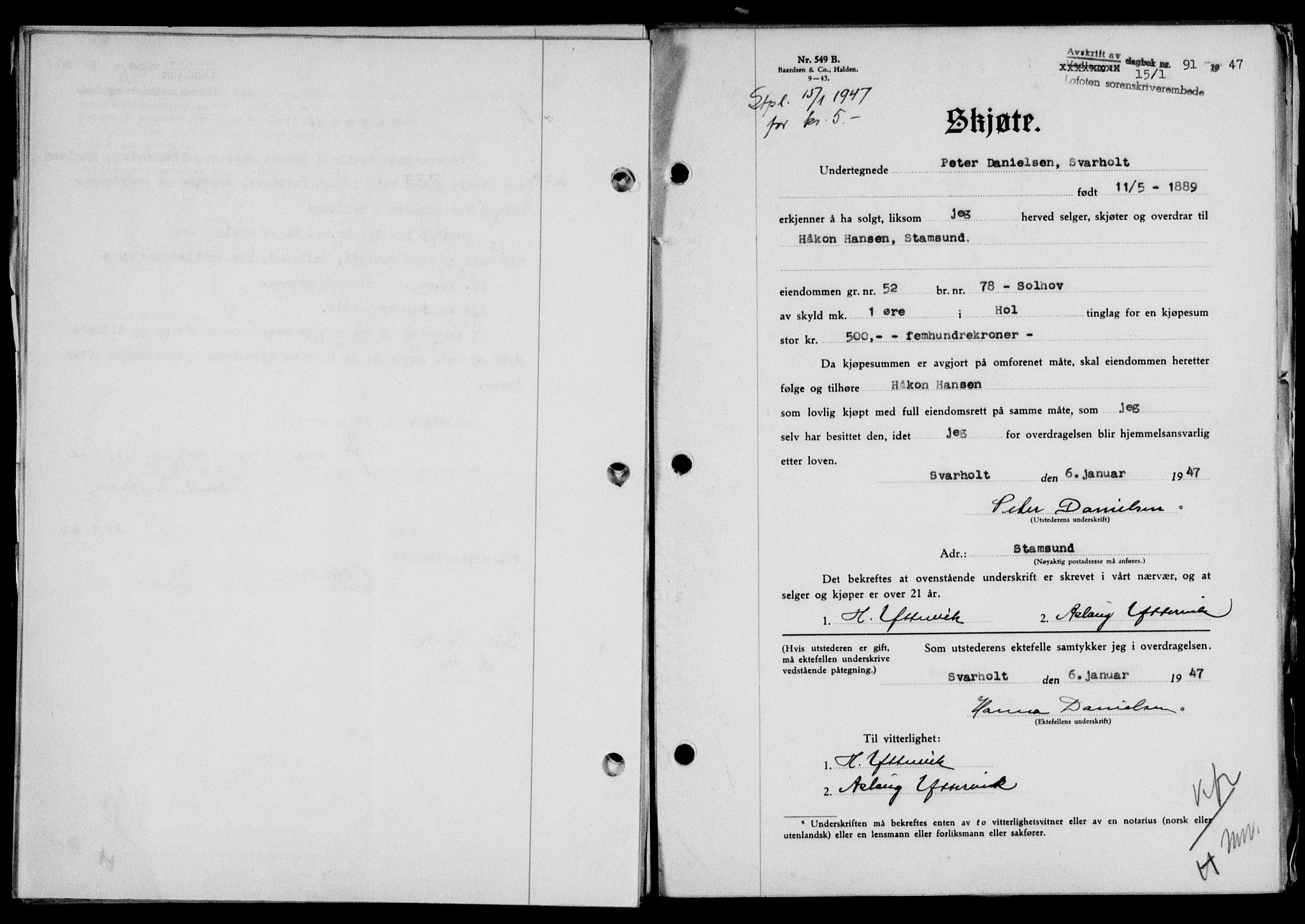 Lofoten sorenskriveri, SAT/A-0017/1/2/2C/L0015a: Mortgage book no. 15a, 1946-1947, Diary no: : 91/1947