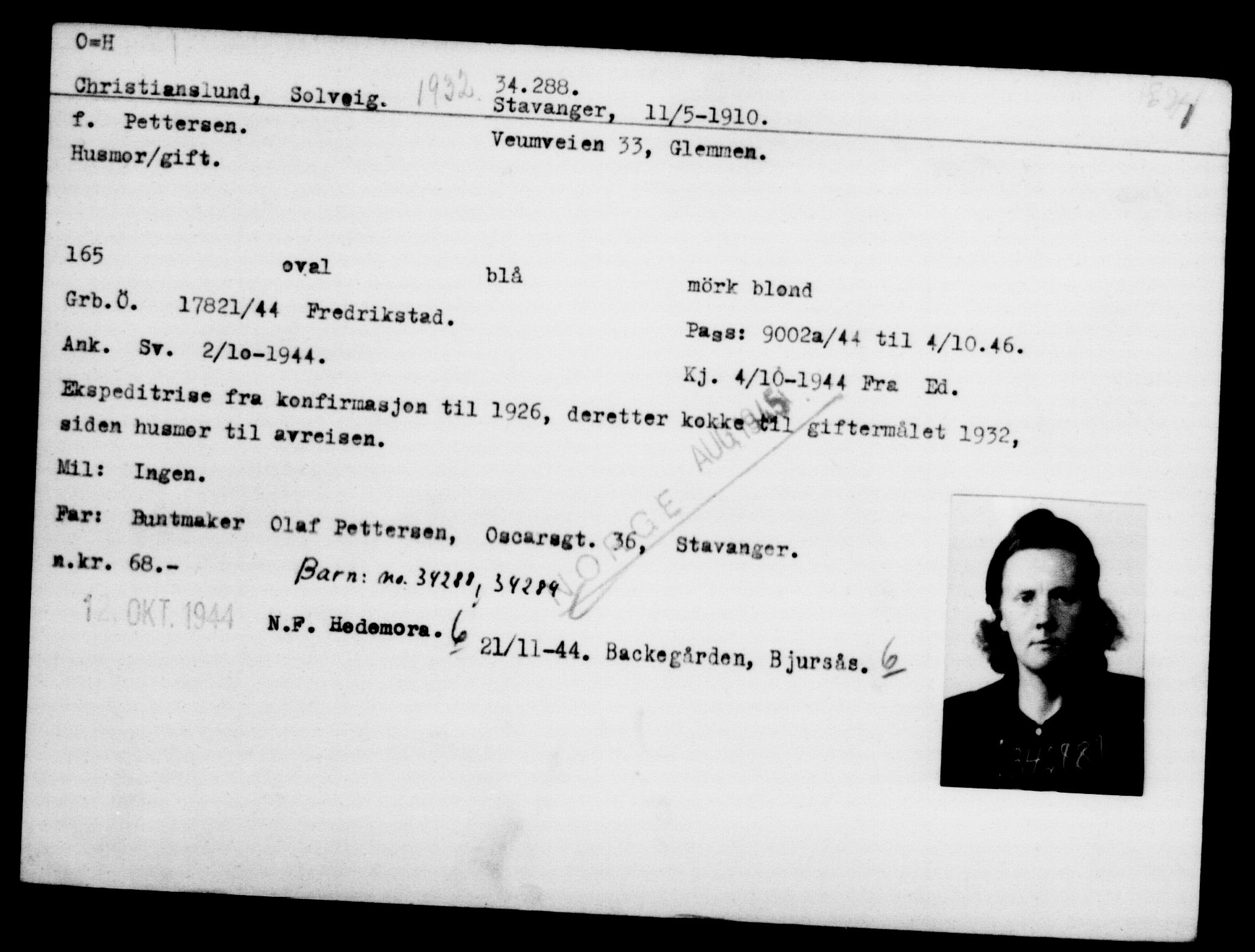 Utenriksstasjonene, Legasjonen i Stockholm, Flyktningkontoret, AV/RA-S-6753/V/Va/L0013: Kjesäterkartoteket, flyktninger med registreringsnr. 31500-34731, 1940-1945, p. 2940