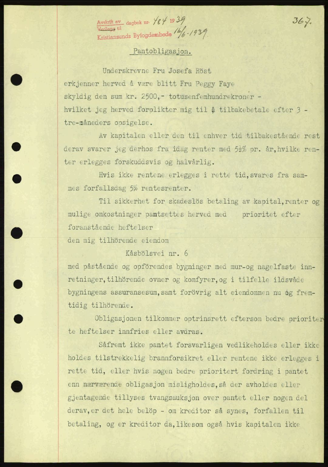 Kristiansund byfogd, SAT/A-4587/A/27: Mortgage book no. 31, 1938-1939, Diary no: : 484/1939