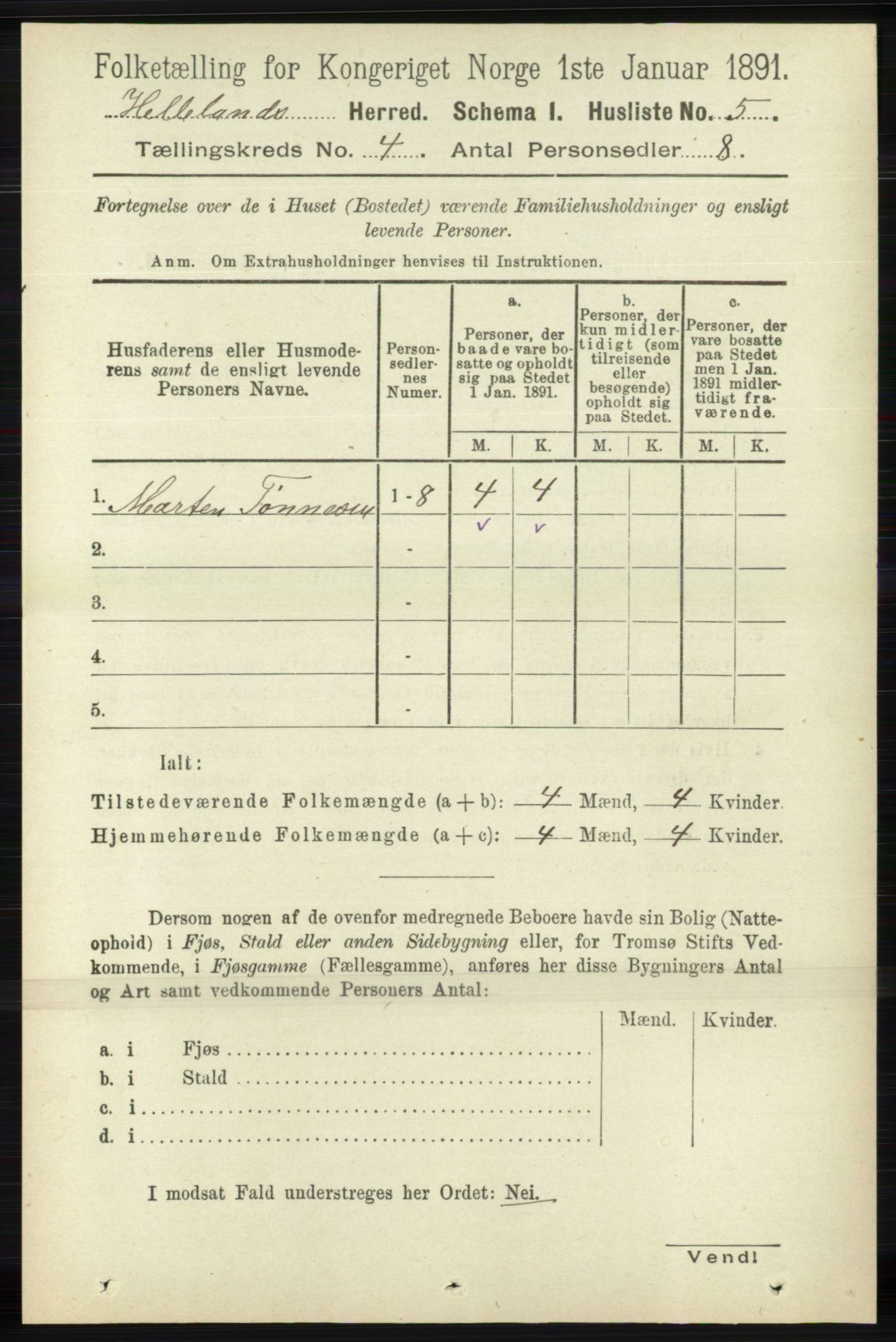 RA, 1891 census for 1115 Helleland, 1891, p. 1116