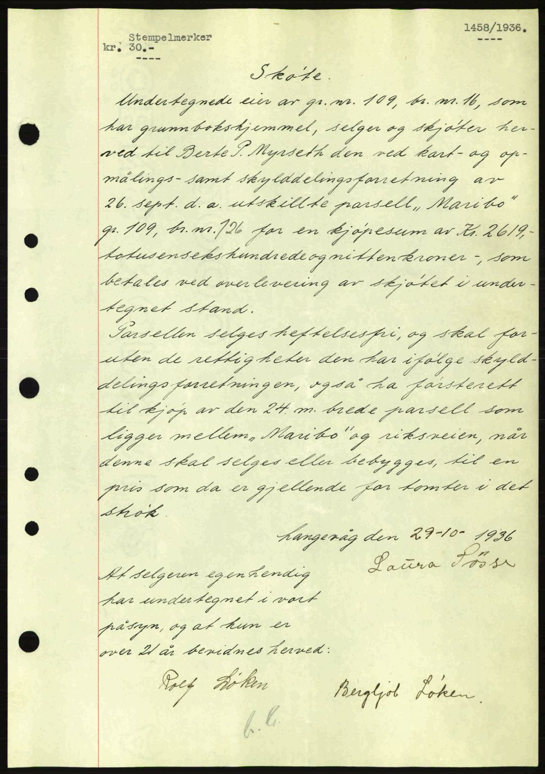 Nordre Sunnmøre sorenskriveri, AV/SAT-A-0006/1/2/2C/2Ca: Mortgage book no. A2, 1936-1937, Diary no: : 1458/1936