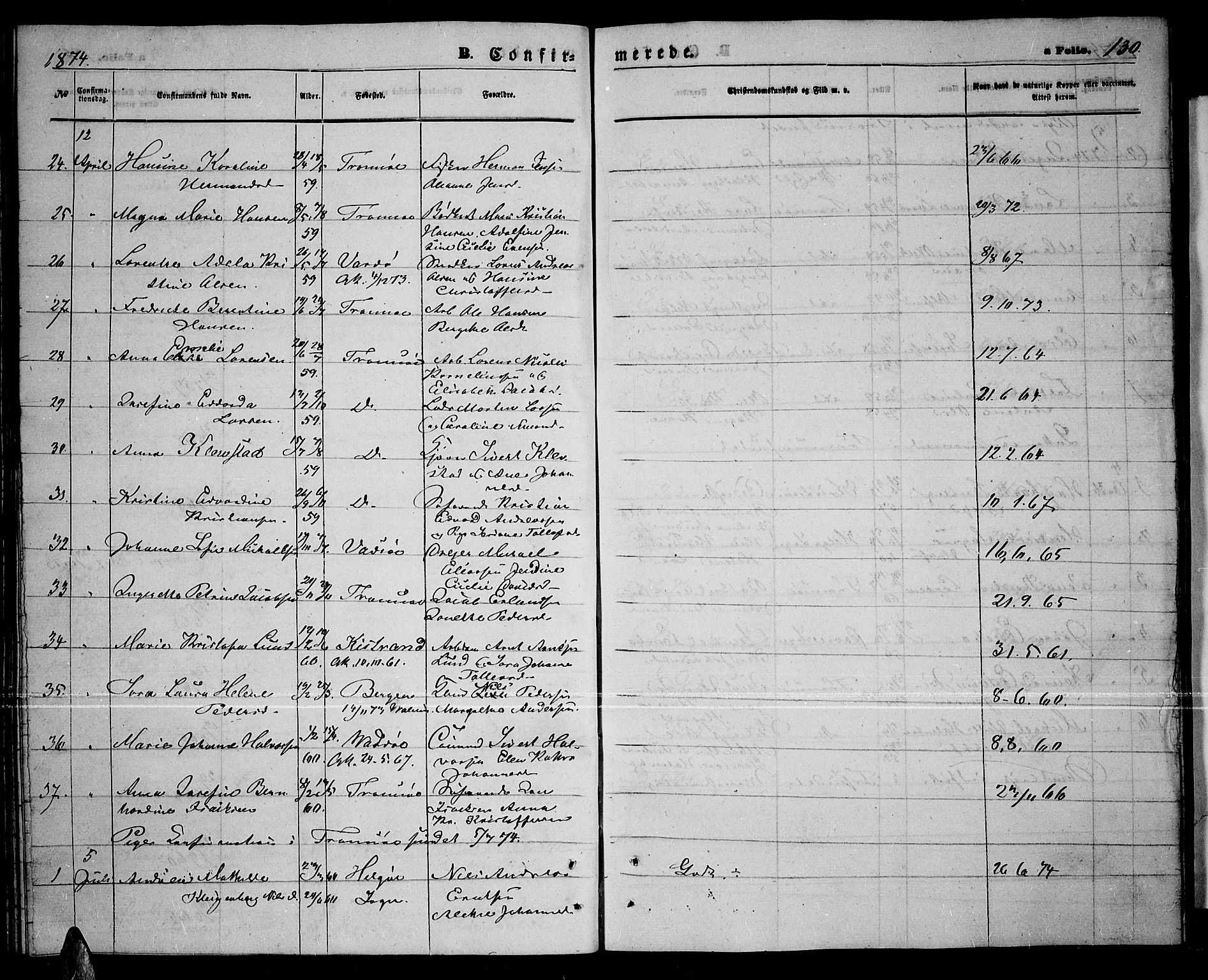 Tromsø sokneprestkontor/stiftsprosti/domprosti, AV/SATØ-S-1343/G/Gb/L0007klokker: Parish register (copy) no. 7, 1867-1875, p. 130