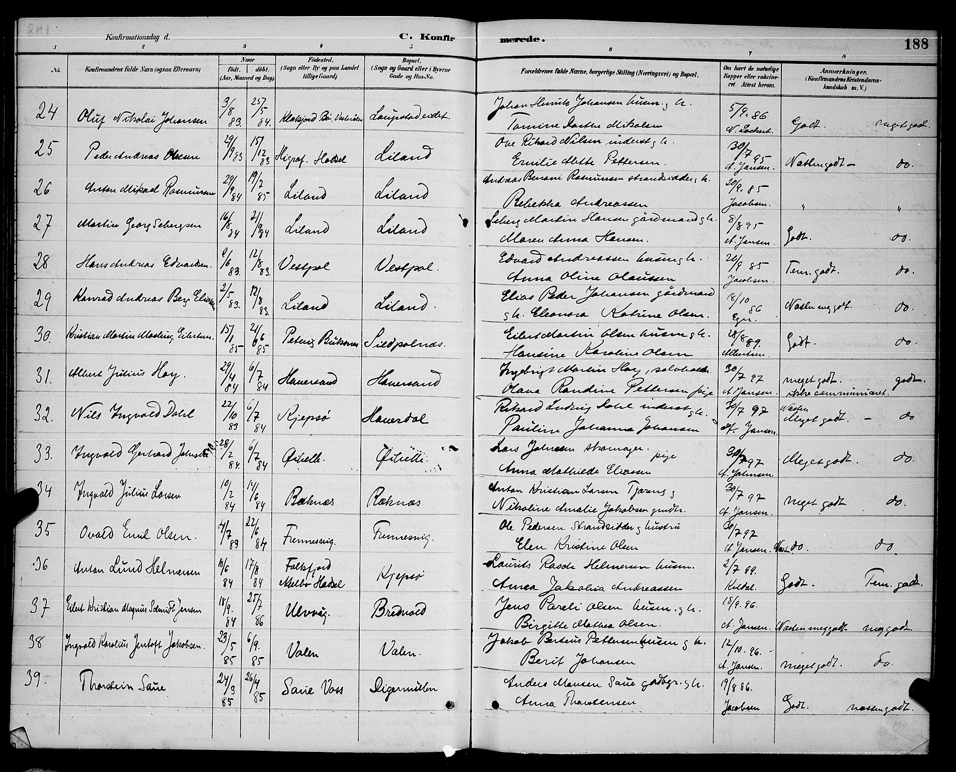 Ministerialprotokoller, klokkerbøker og fødselsregistre - Nordland, AV/SAT-A-1459/874/L1077: Parish register (copy) no. 874C06, 1891-1900, p. 188