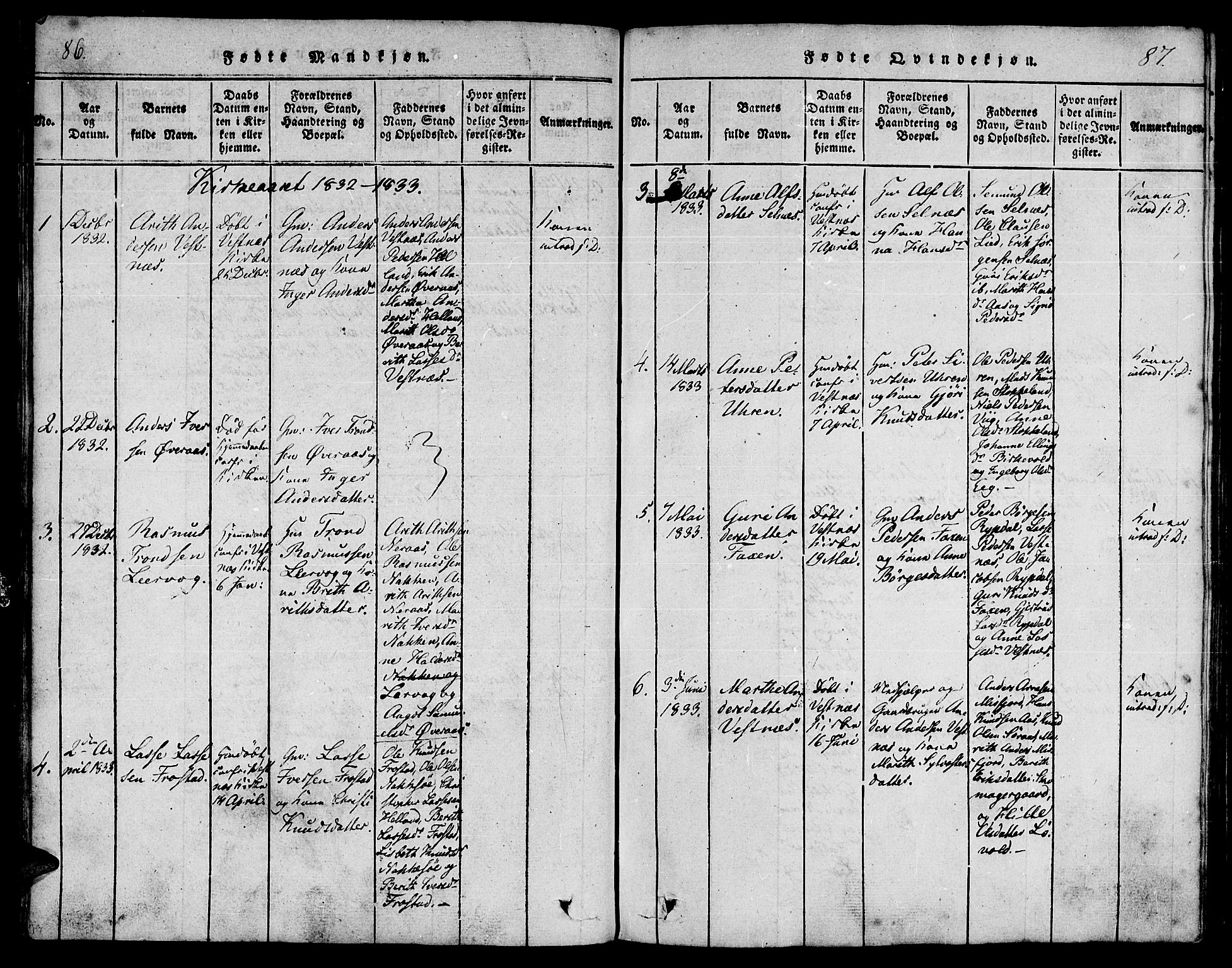 Ministerialprotokoller, klokkerbøker og fødselsregistre - Møre og Romsdal, AV/SAT-A-1454/539/L0528: Parish register (official) no. 539A01, 1818-1847, p. 86-87