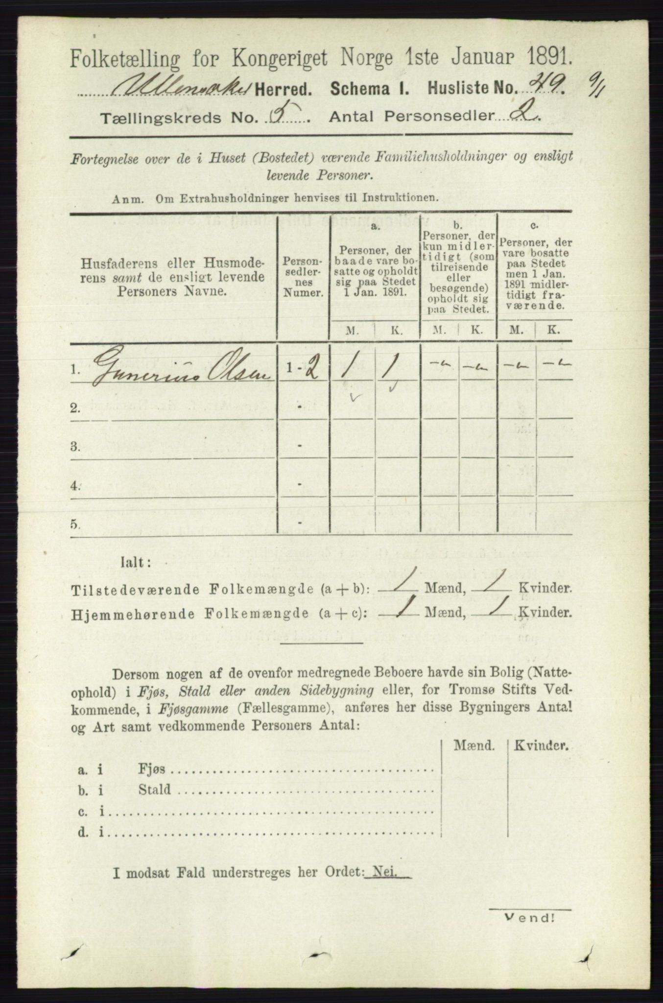 RA, 1891 census for 0235 Ullensaker, 1891, p. 2077