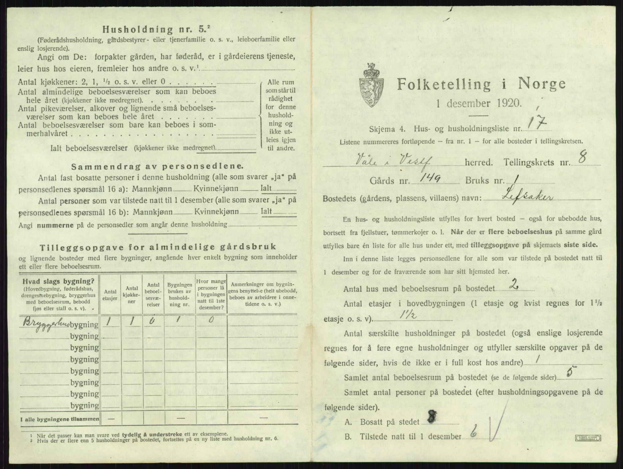 SAKO, 1920 census for Våle, 1920, p. 1006