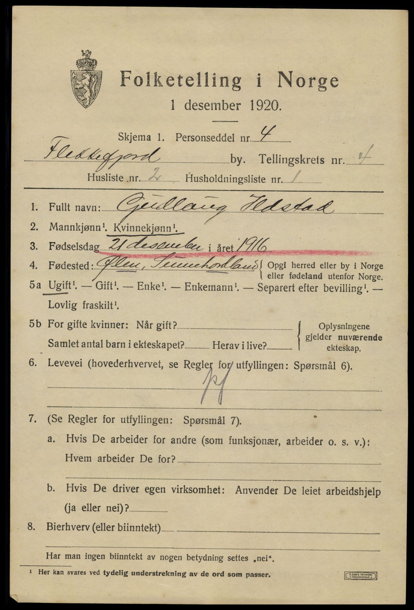 SAK, 1920 census for Flekkefjord, 1920, p. 4456