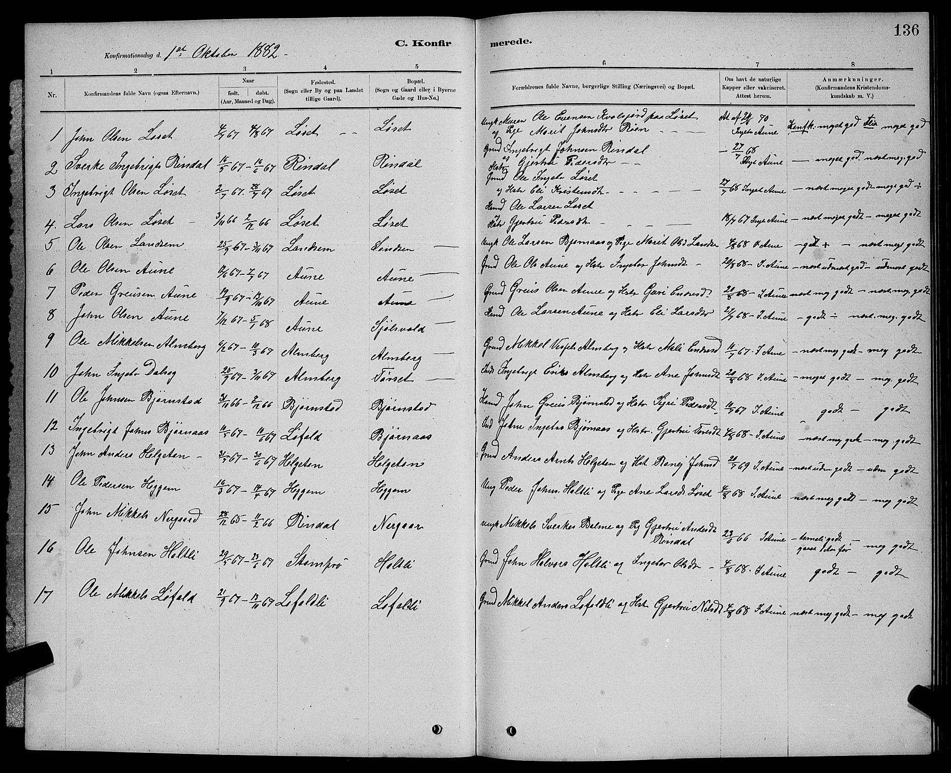 Ministerialprotokoller, klokkerbøker og fødselsregistre - Møre og Romsdal, AV/SAT-A-1454/598/L1077: Parish register (copy) no. 598C02, 1879-1891, p. 136