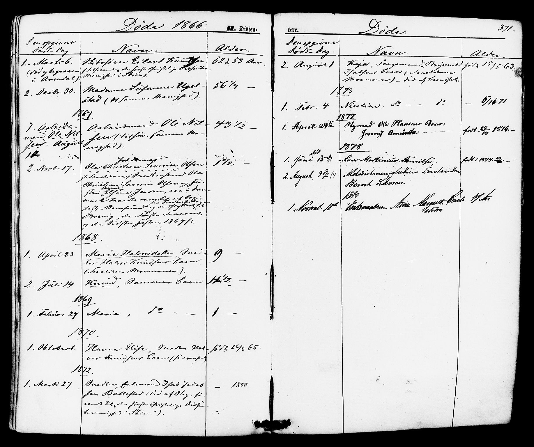 Brevik kirkebøker, AV/SAKO-A-255/F/Fa/L0006: Parish register (official) no. 6, 1866-1881, p. 371