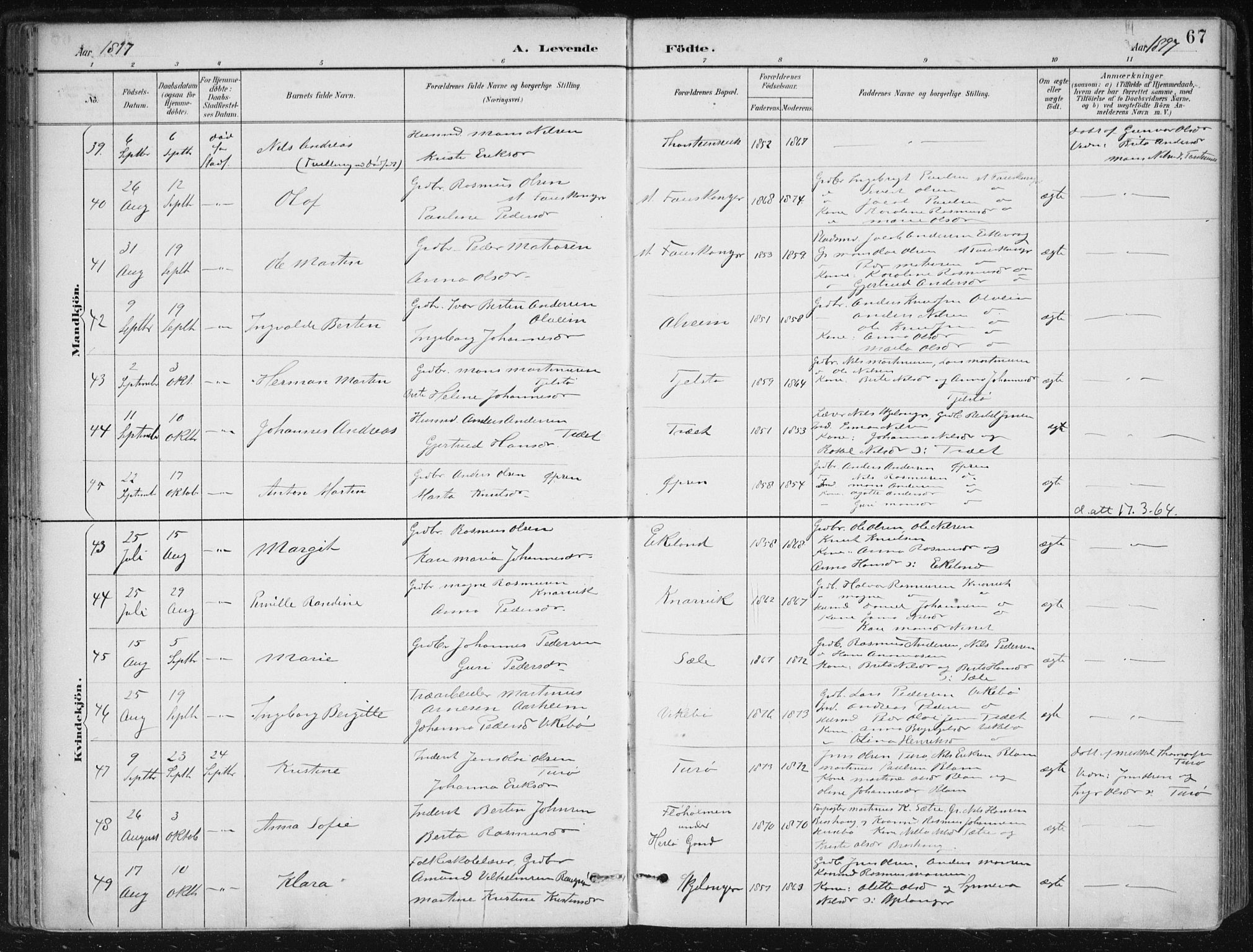 Herdla Sokneprestembete, SAB/A-75701/H/Haa: Parish register (official) no. A 4, 1891-1905, p. 67
