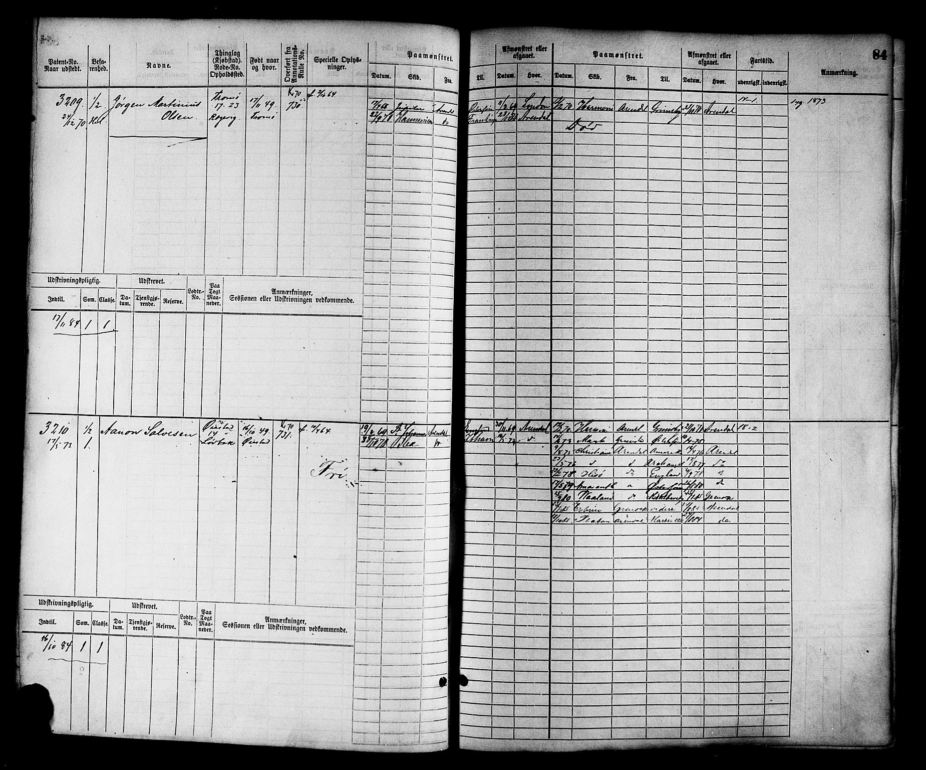 Arendal mønstringskrets, AV/SAK-2031-0012/F/Fb/L0014: Hovedrulle nr 3045-3806, S-12, 1868-1900, p. 86