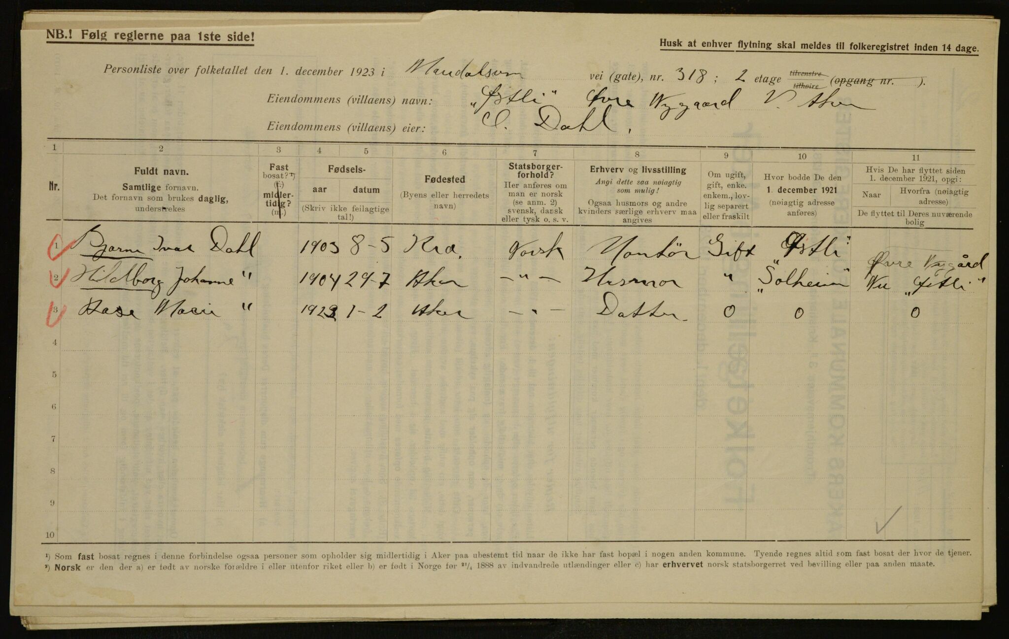 , Municipal Census 1923 for Aker, 1923, p. 14882