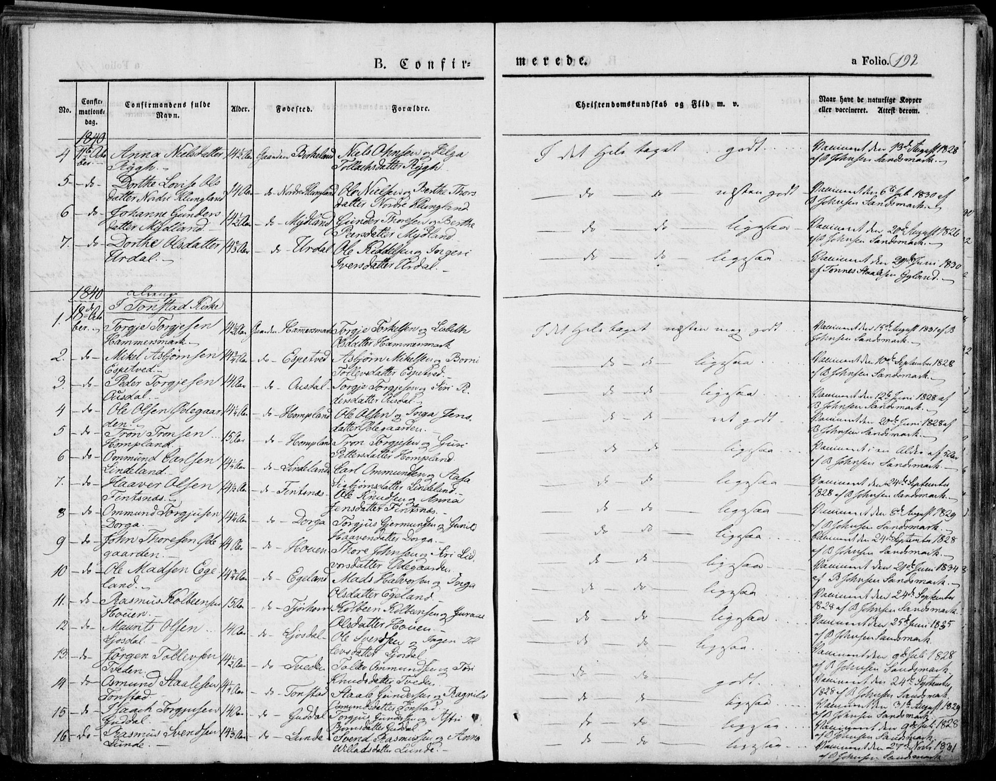 Bakke sokneprestkontor, AV/SAK-1111-0002/F/Fa/Faa/L0004: Parish register (official) no. A 4, 1834-1846, p. 192