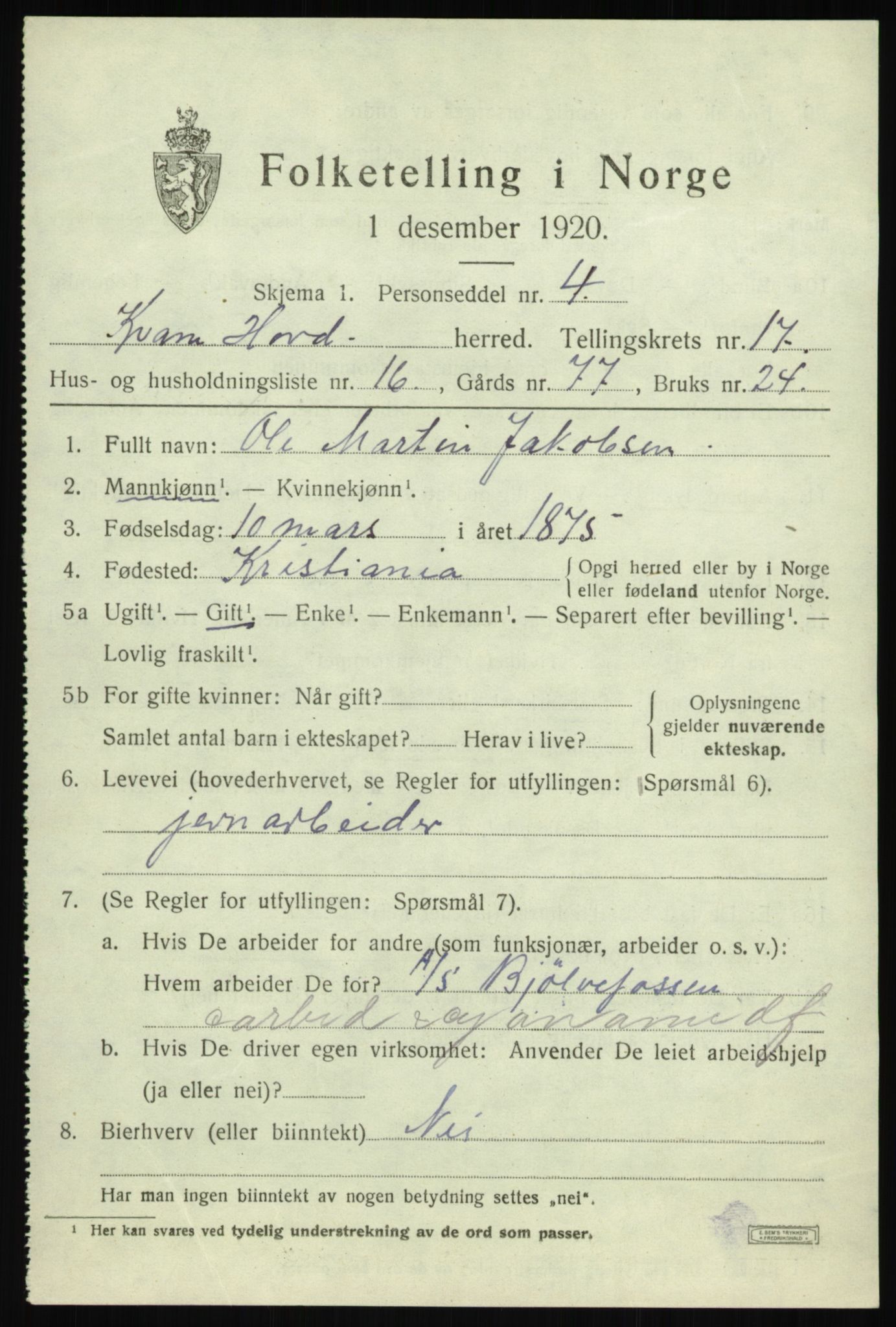 SAB, 1920 census for Kvam, 1920, p. 9463