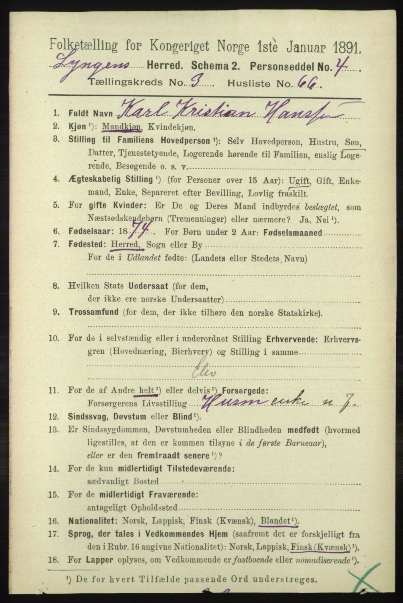 RA, 1891 census for 1938 Lyngen, 1891, p. 3582