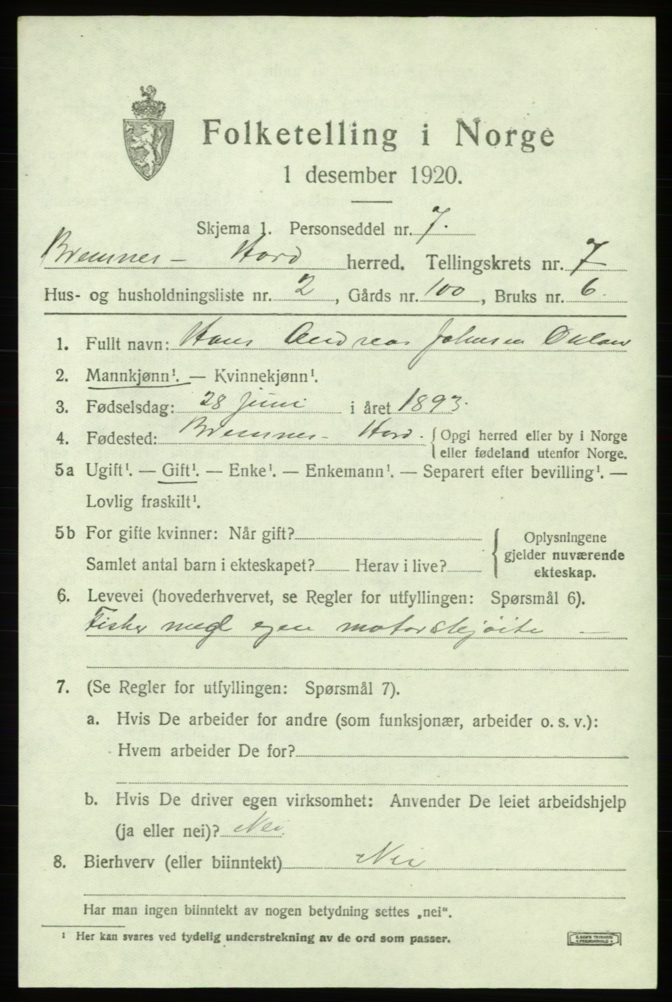 SAB, 1920 census for Bremnes, 1920, p. 4040