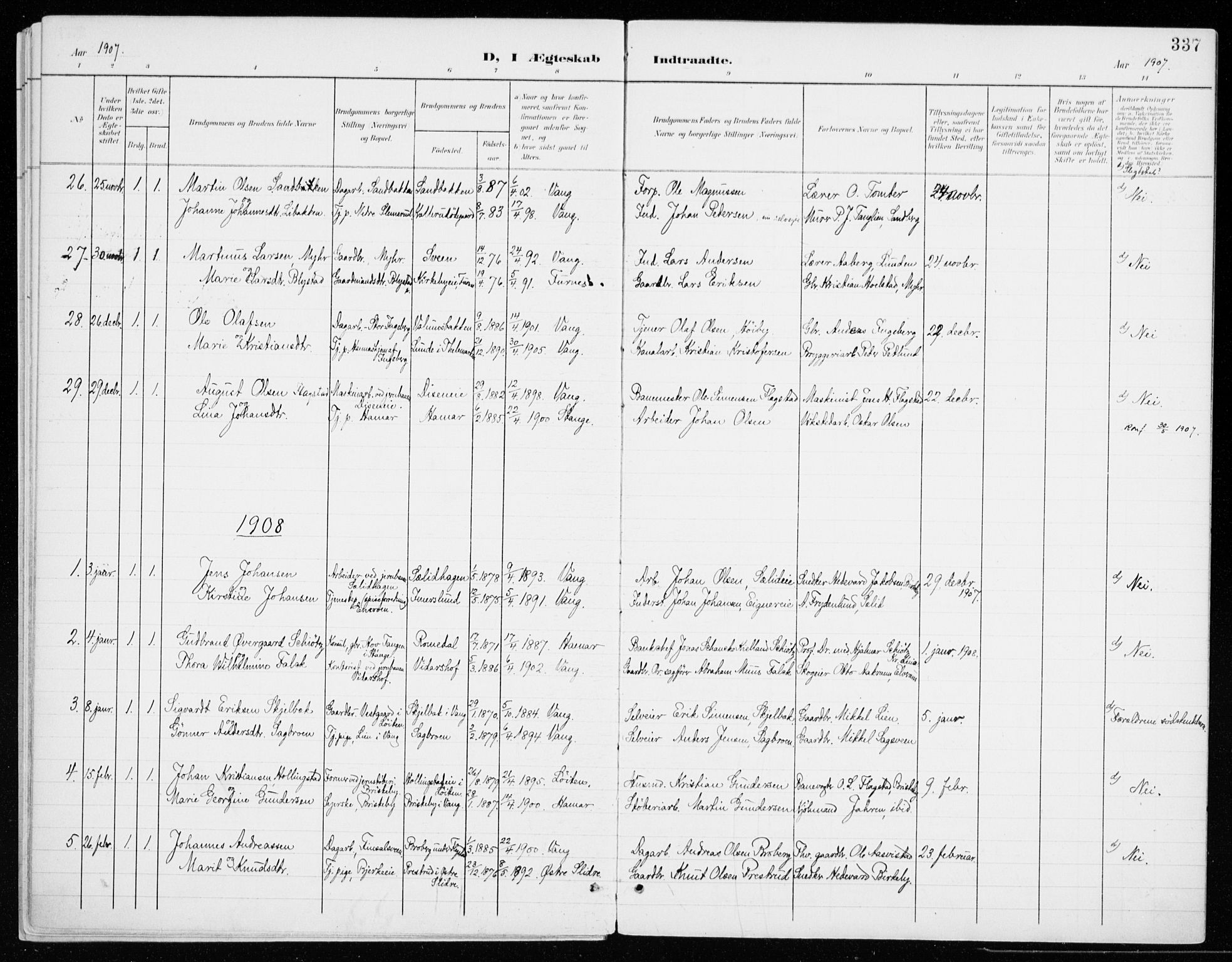 Vang prestekontor, Hedmark, SAH/PREST-008/H/Ha/Haa/L0021: Parish register (official) no. 21, 1902-1917, p. 337