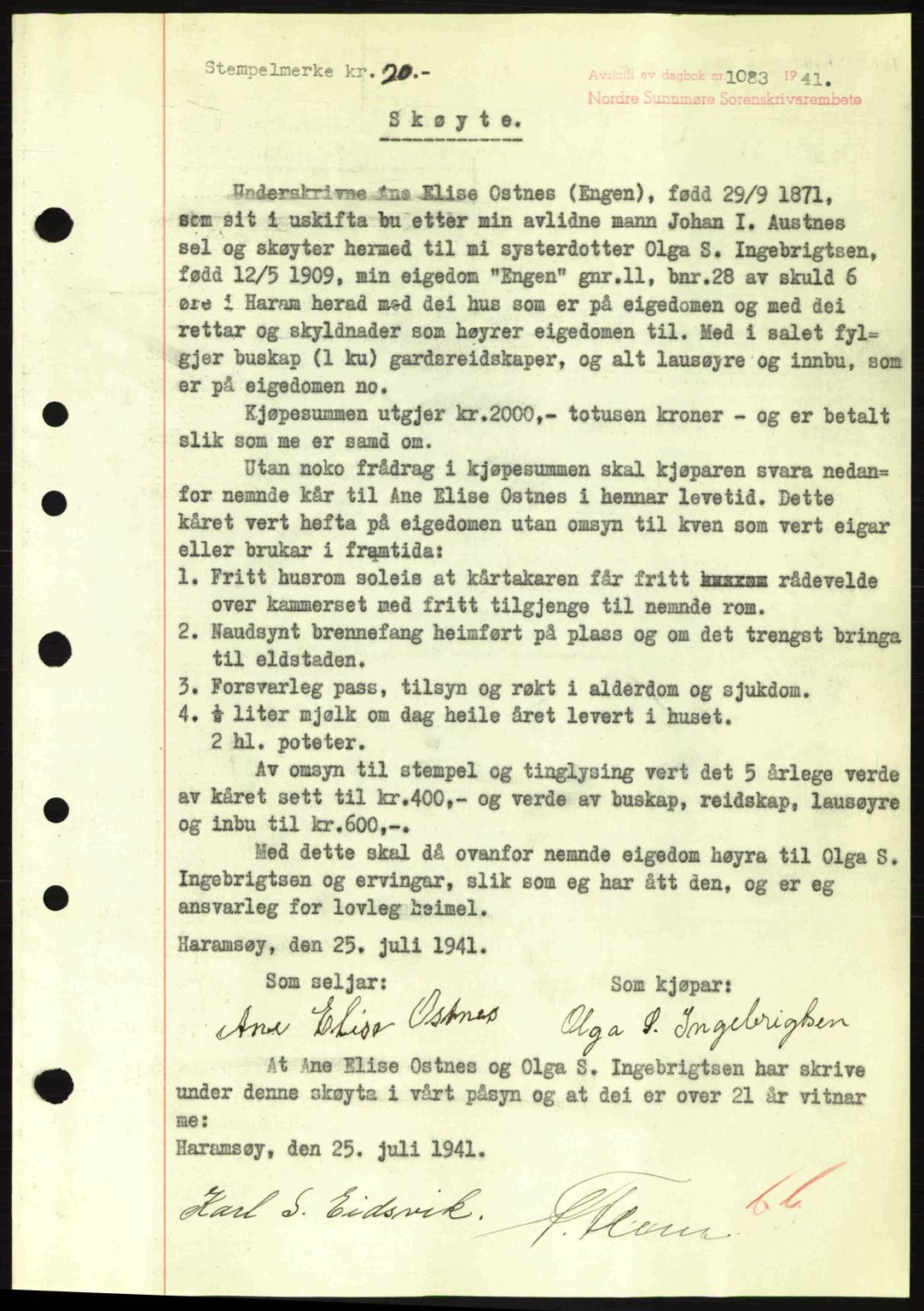 Nordre Sunnmøre sorenskriveri, AV/SAT-A-0006/1/2/2C/2Ca: Mortgage book no. A11, 1941-1941, Diary no: : 1083/1941