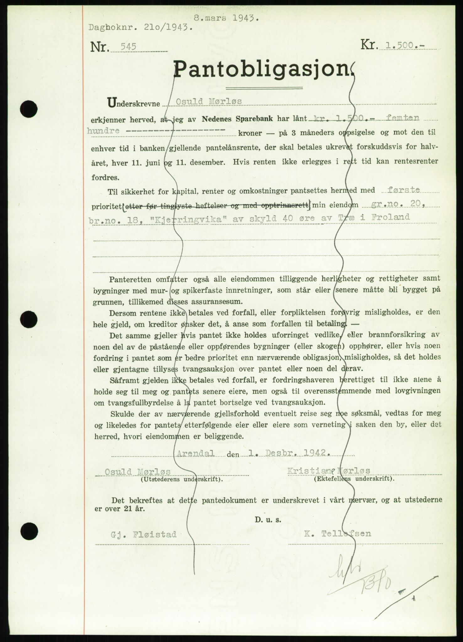 Nedenes sorenskriveri, AV/SAK-1221-0006/G/Gb/Gbb/L0002: Mortgage book no. II, 1942-1945, Diary no: : 210/1943