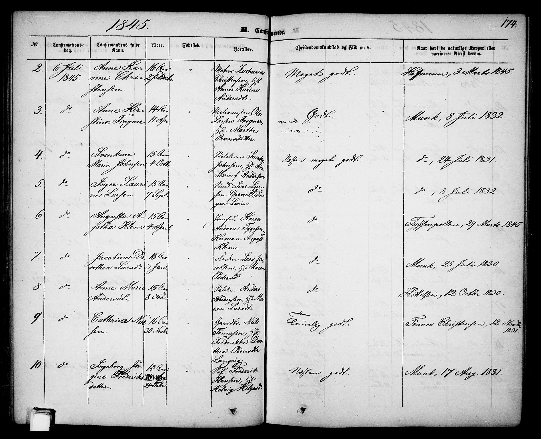 Skien kirkebøker, AV/SAKO-A-302/G/Ga/L0004: Parish register (copy) no. 4, 1843-1867, p. 174