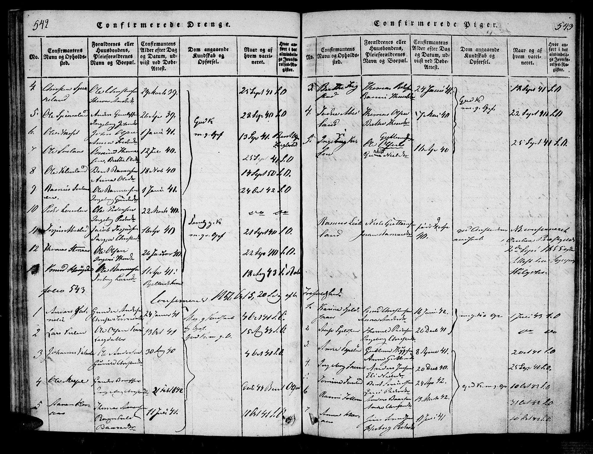 Bjelland sokneprestkontor, SAK/1111-0005/F/Fa/Fab/L0002: Parish register (official) no. A 2, 1816-1869, p. 542-543