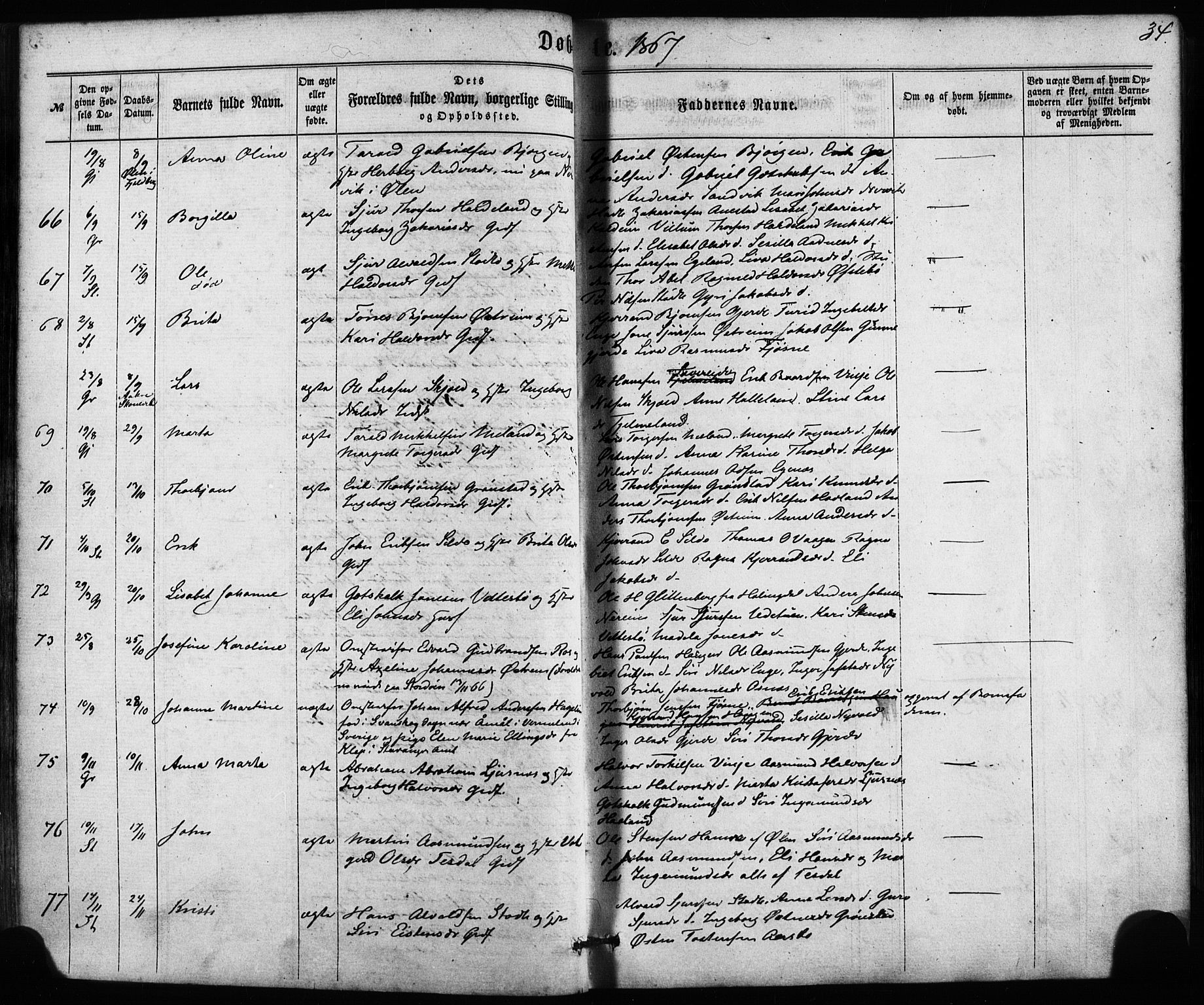 Etne sokneprestembete, SAB/A-75001/H/Haa: Parish register (official) no. A 9, 1862-1878, p. 34