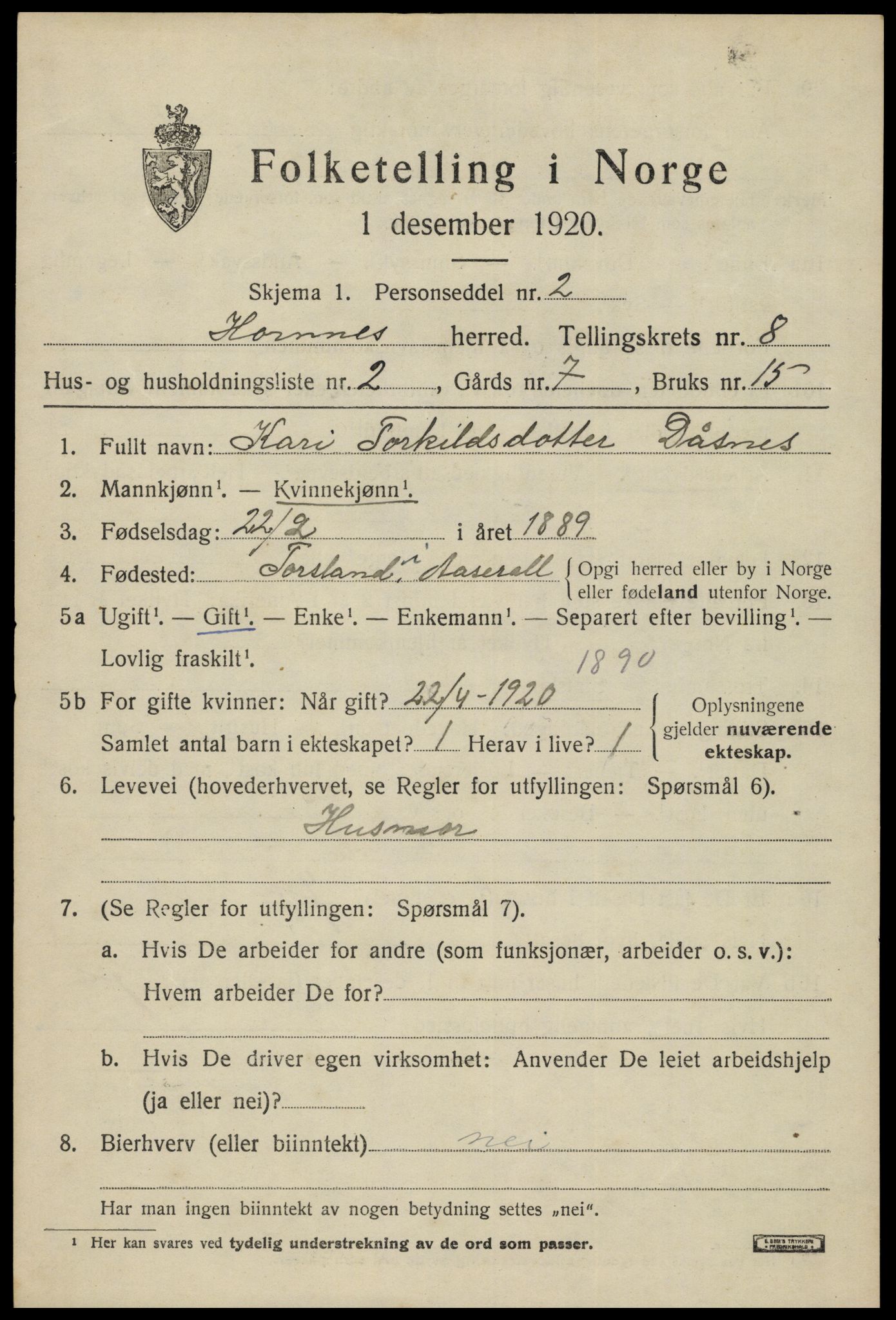 SAK, 1920 census for Hornnes, 1920, p. 1789