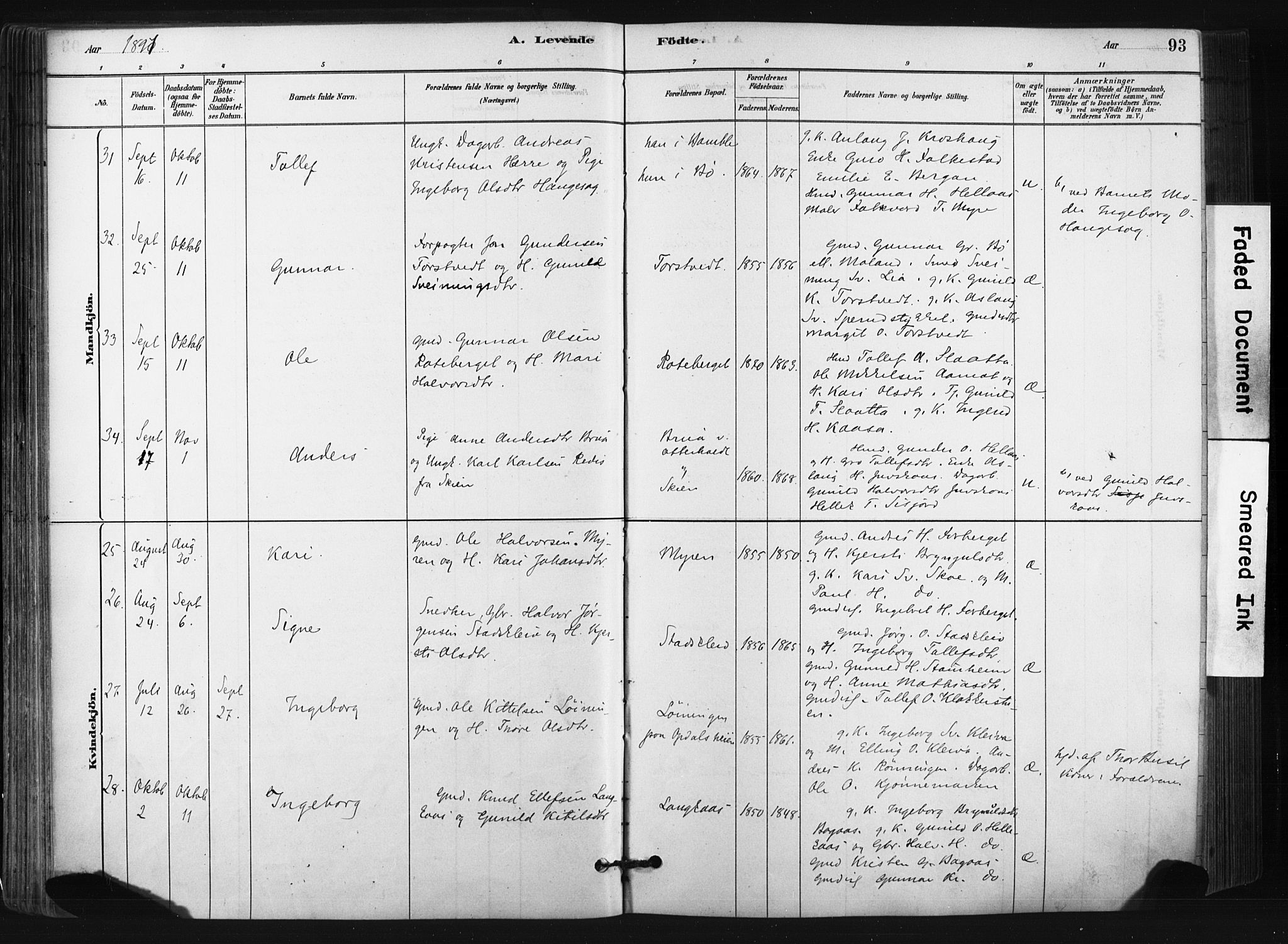 Bø kirkebøker, AV/SAKO-A-257/F/Fa/L0010: Parish register (official) no. 10, 1880-1892, p. 93