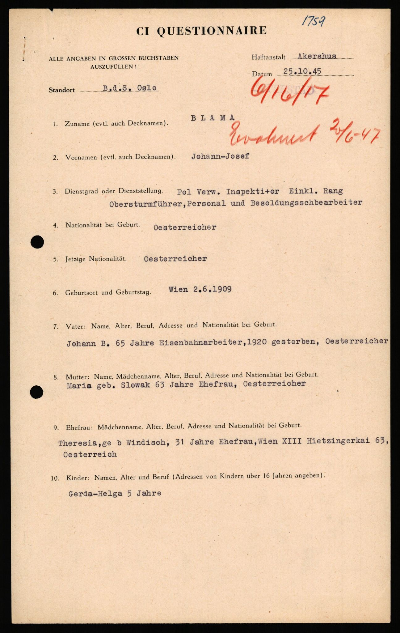 Forsvaret, Forsvarets overkommando II, AV/RA-RAFA-3915/D/Db/L0038: CI Questionaires. Tyske okkupasjonsstyrker i Norge. Østerrikere., 1945-1946, p. 94