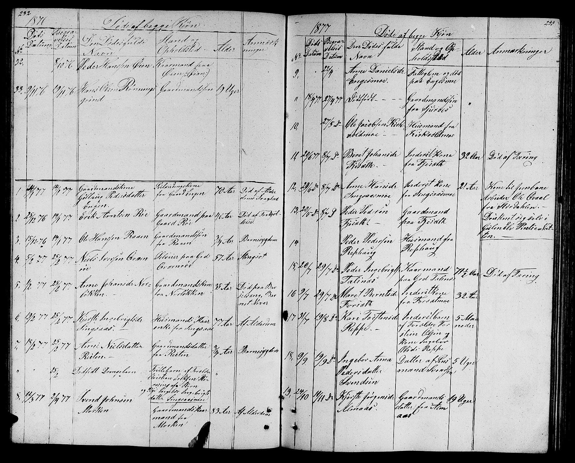 Ministerialprotokoller, klokkerbøker og fødselsregistre - Sør-Trøndelag, SAT/A-1456/688/L1027: Parish register (copy) no. 688C02, 1861-1889, p. 232-233