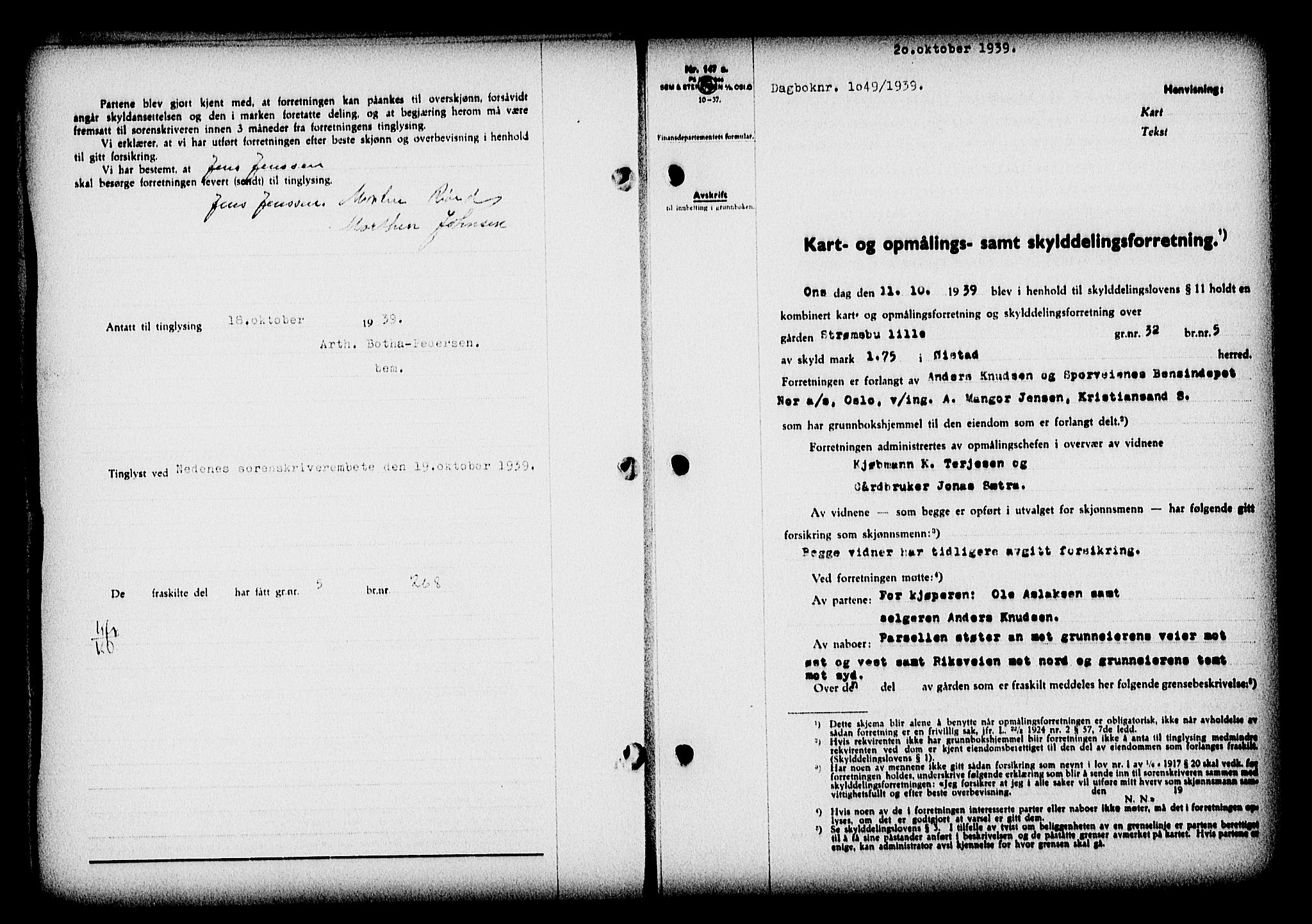 Nedenes sorenskriveri, SAK/1221-0006/G/Gb/Gba/L0047: Mortgage book no. A-I, 1939-1940, Diary no: : 1049/1939