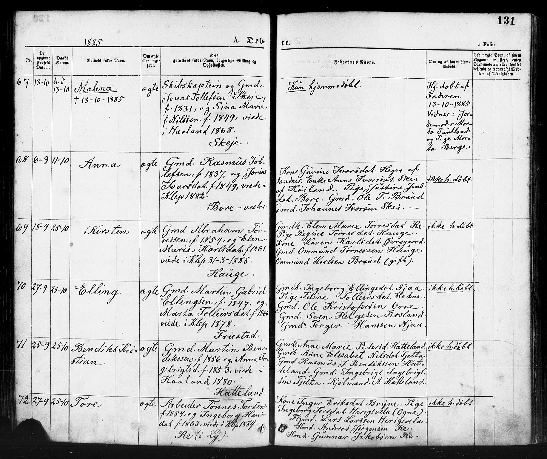 Klepp sokneprestkontor, AV/SAST-A-101803/001/3/30BA/L0006: Parish register (official) no. A 6, 1871-1885, p. 131