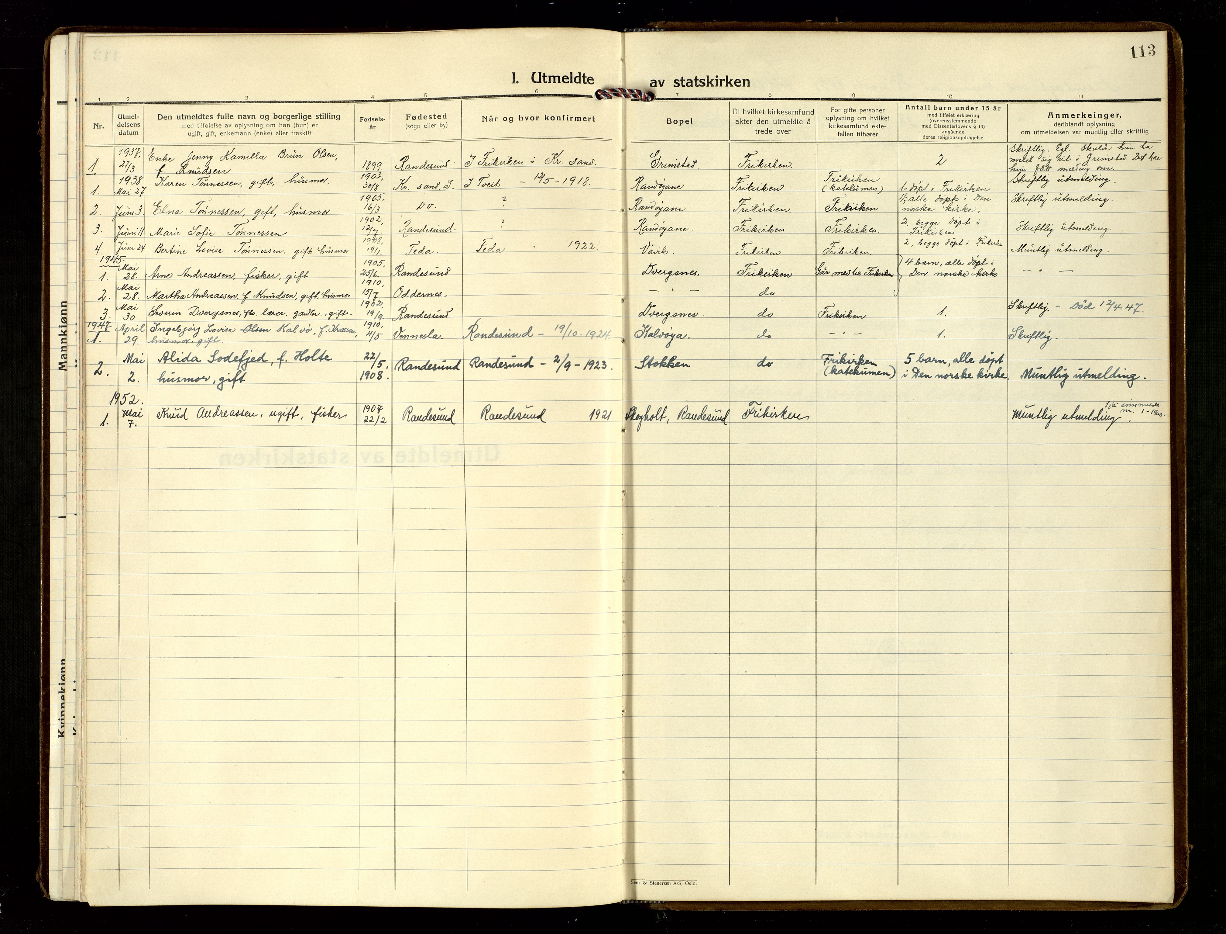 Oddernes sokneprestkontor, SAK/1111-0033/F/Fa/Fab/L0005: Parish register (official) no. A 5, 1935-1954, p. 113