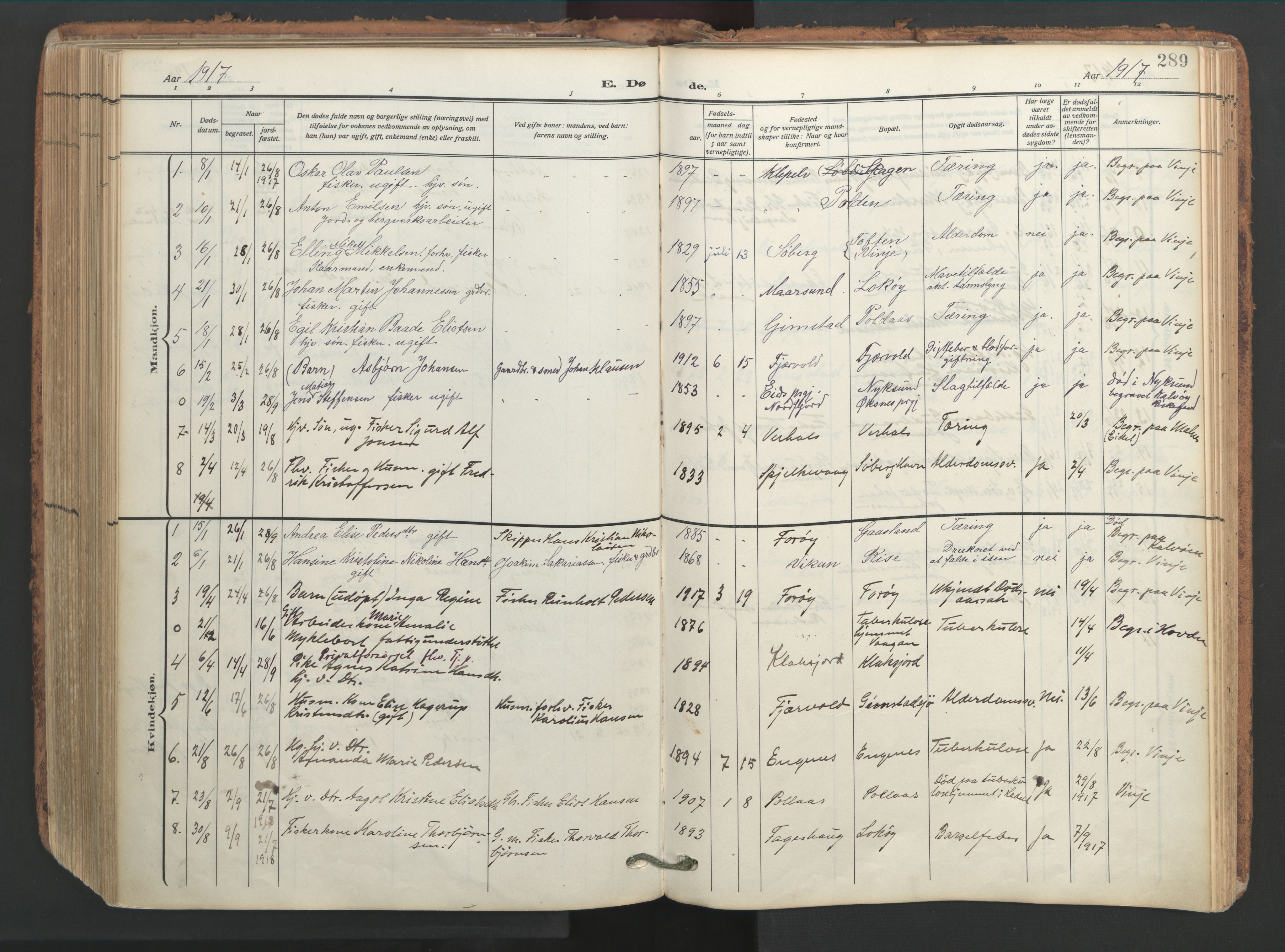 Ministerialprotokoller, klokkerbøker og fødselsregistre - Nordland, SAT/A-1459/891/L1306: Parish register (official) no. 891A11, 1911-1927, p. 289