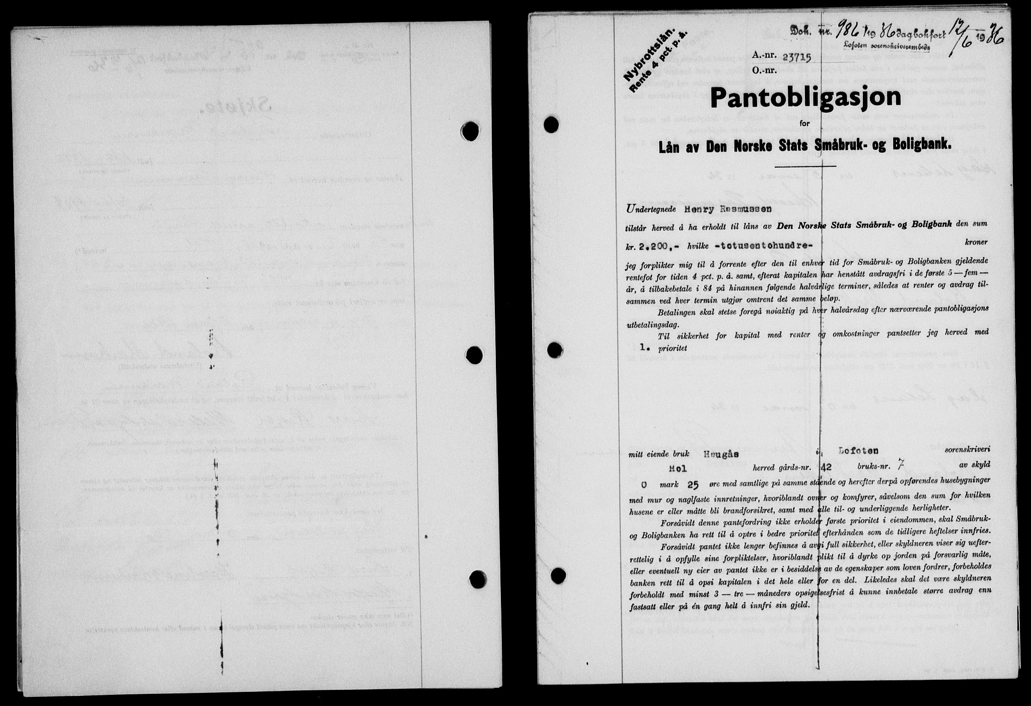 Lofoten sorenskriveri, SAT/A-0017/1/2/2C/L0033b: Mortgage book no. 33b, 1936-1936, Diary no: : 986/1936