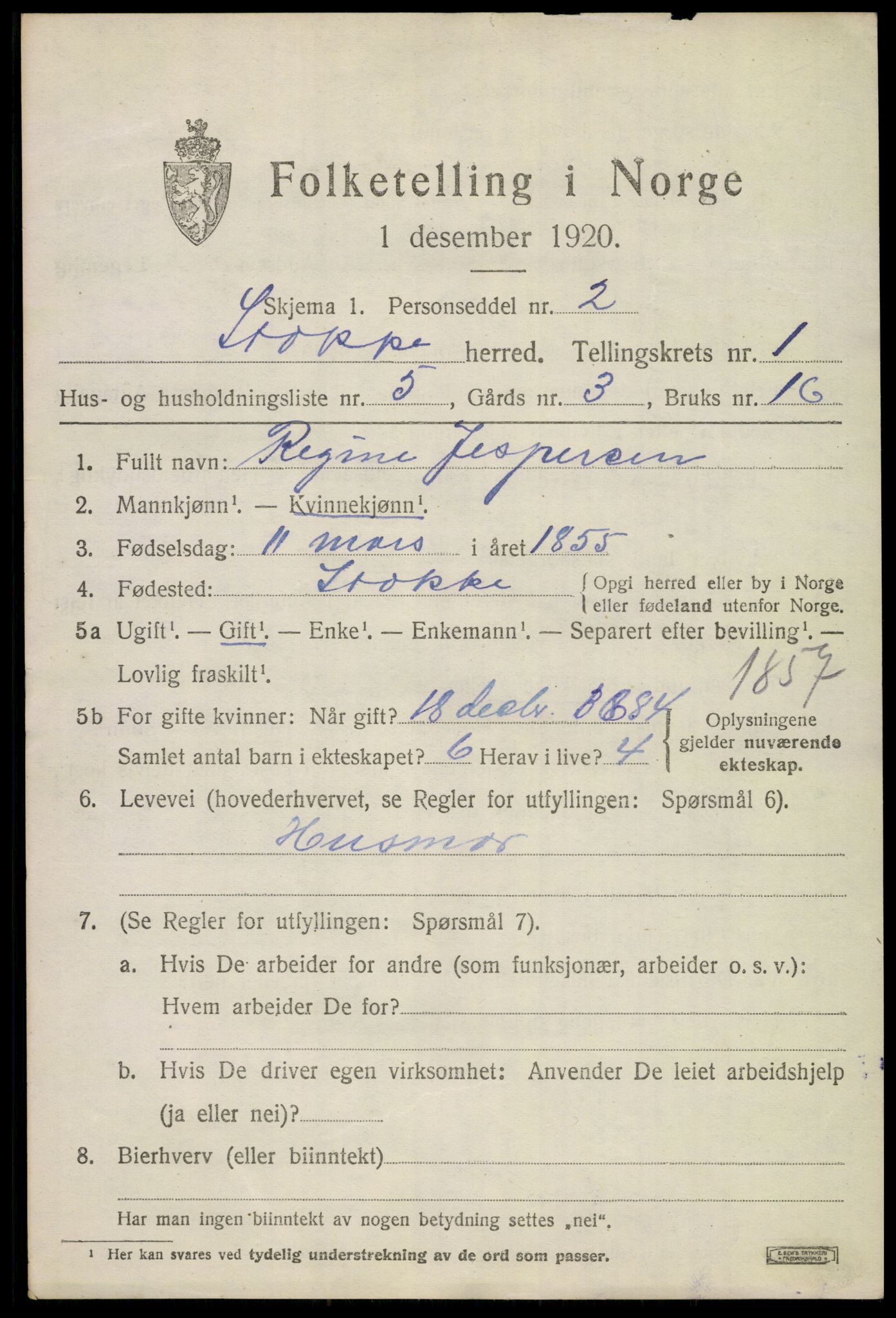 SAKO, 1920 census for Stokke, 1920, p. 2076
